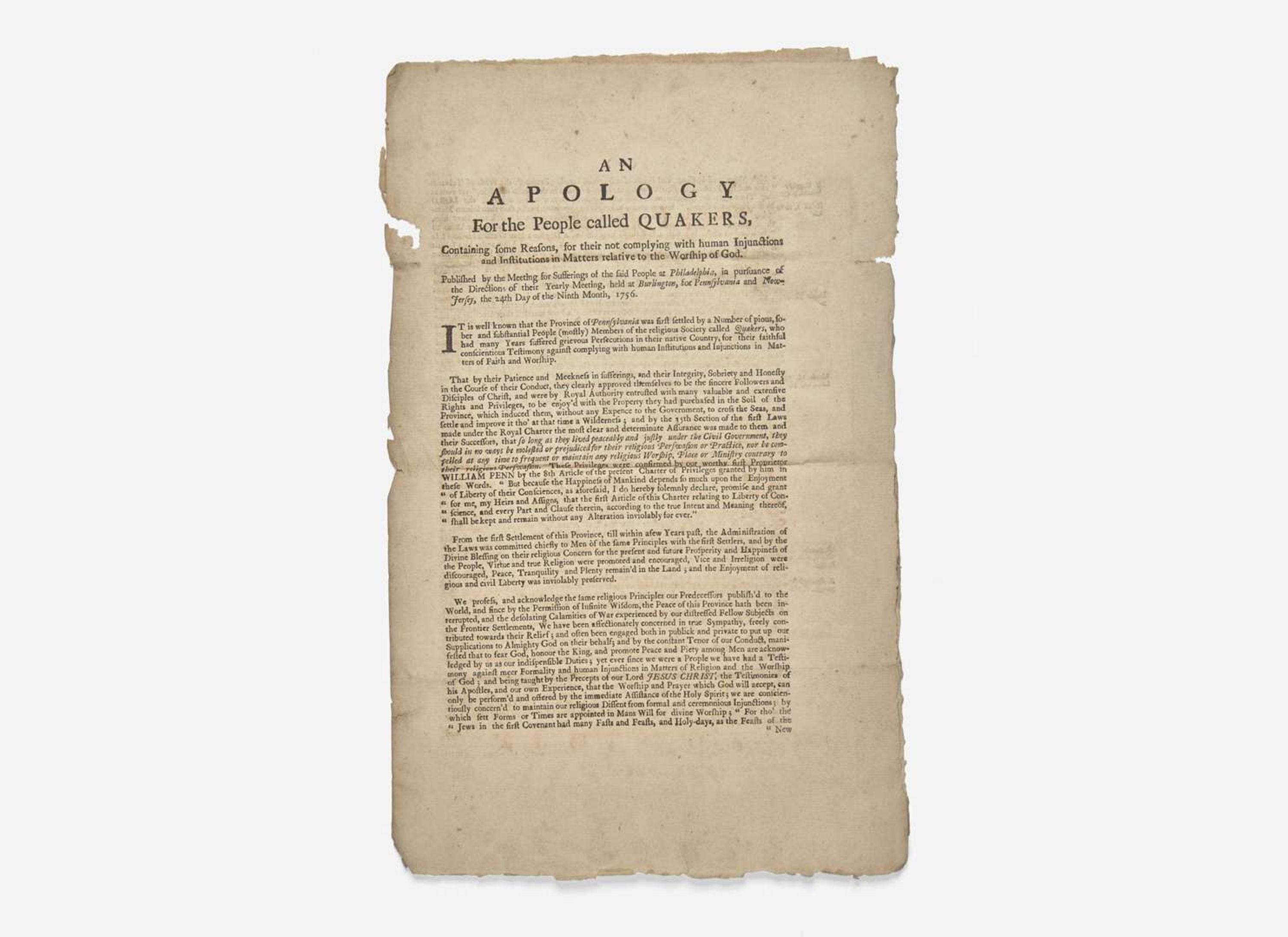 [Americana] [Quakers] Pemberton, James: An Apology For the People called Quakers...