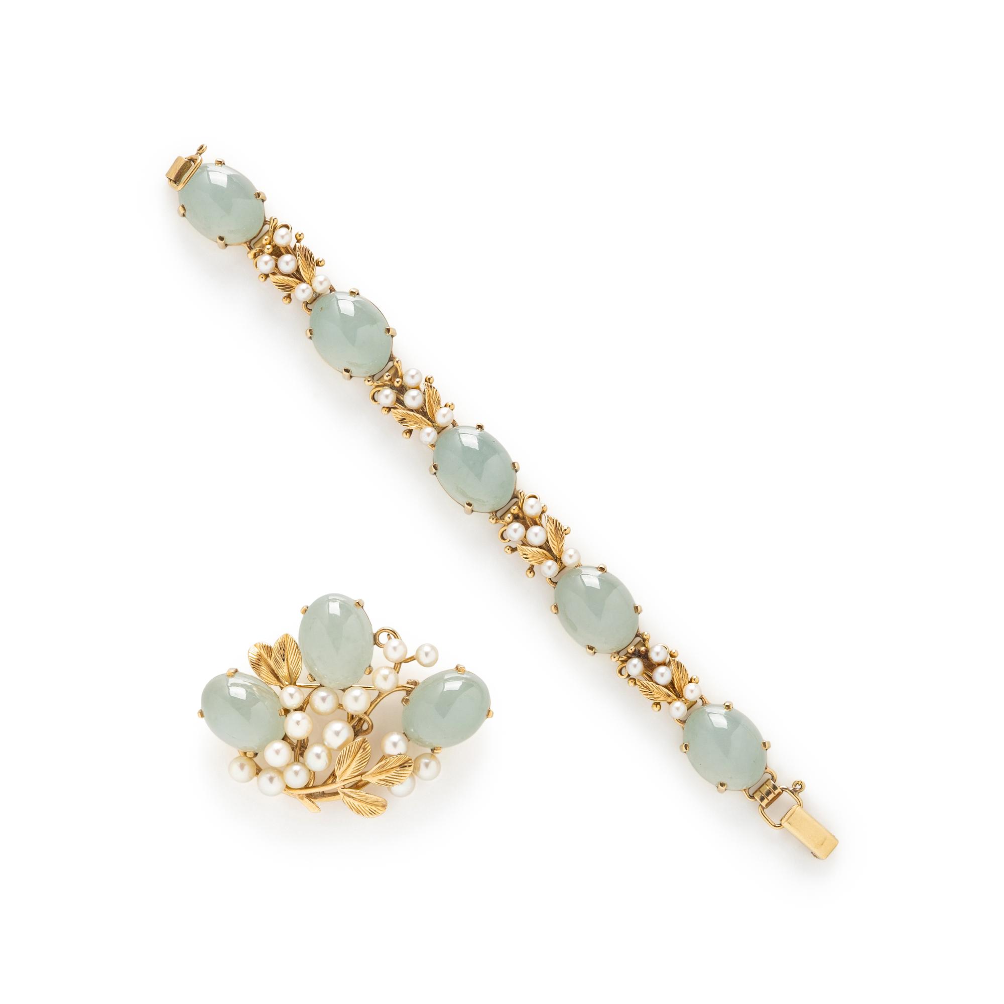 AQUAMARINE, CULTURED PEARL, AND YELLOW GOLD BROOCH AND BRACELET