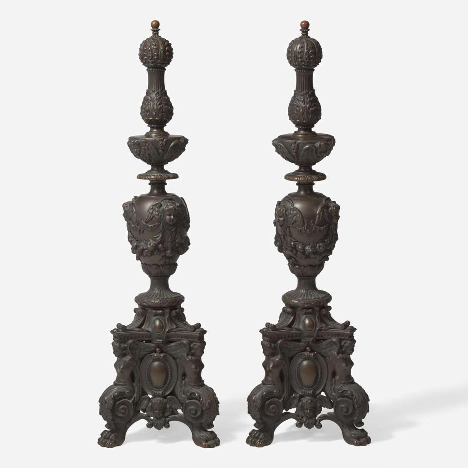 A pair of Renaissance Revival patinated bronze andirons 19th century