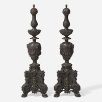 A pair of Renaissance Revival patinated bronze andirons 19th century