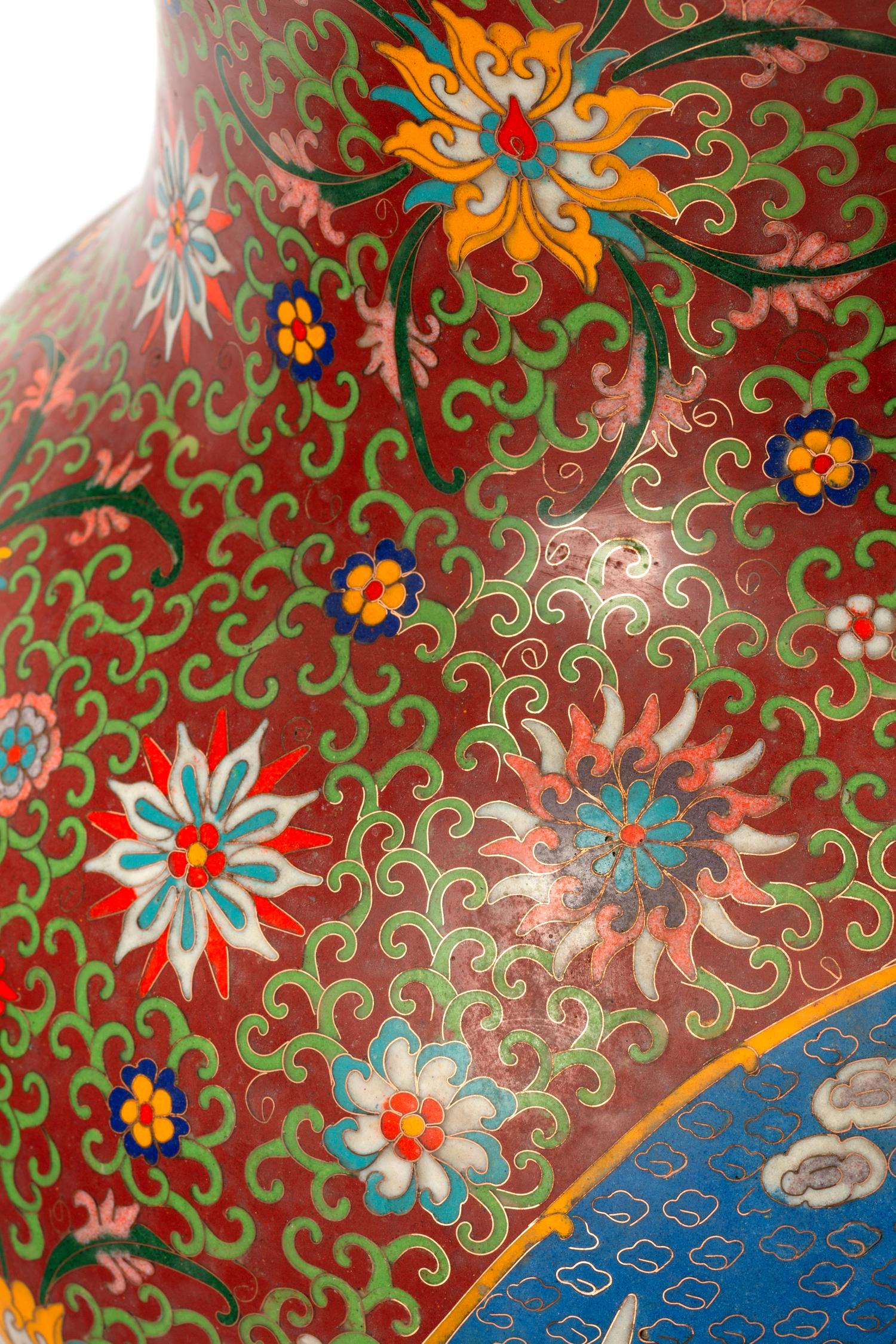 A Pair of Chinese Export Cloisonné-Over-Porcelain Floor Vases on Gilt Metal Bases
