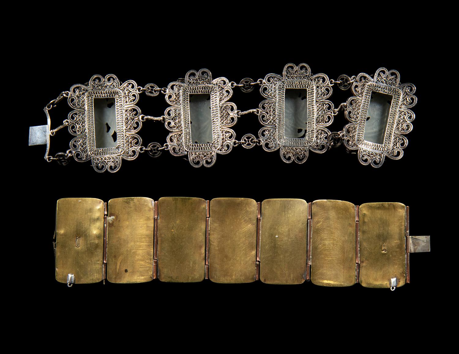 Two Chinese Jade and Jadeite Inset Silvered Metal Bracelets