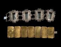 Two Chinese Jade and Jadeite Inset Silvered Metal Bracelets