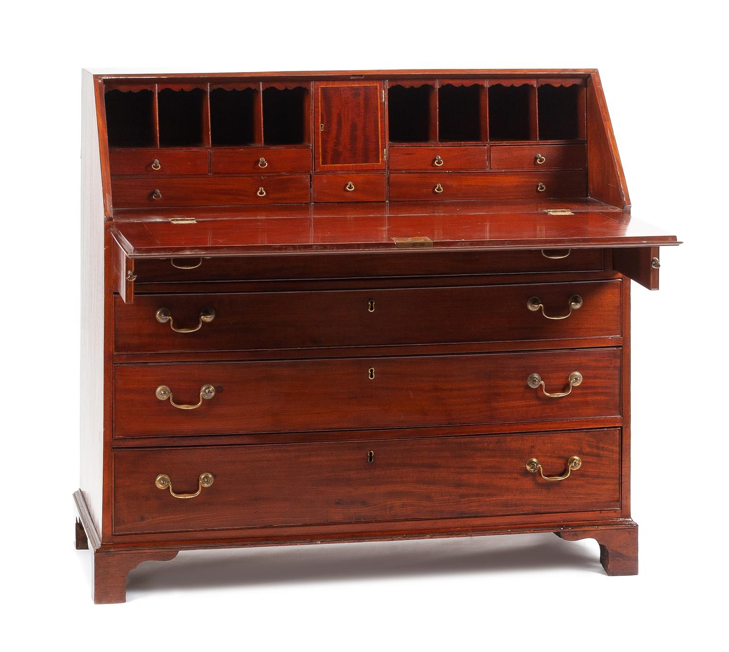 A George III Mahogany Slant-Front Desk Height 43 1/2 x width 47 1/2 x depth 22 inches. — EARLY 19TH CENTURY