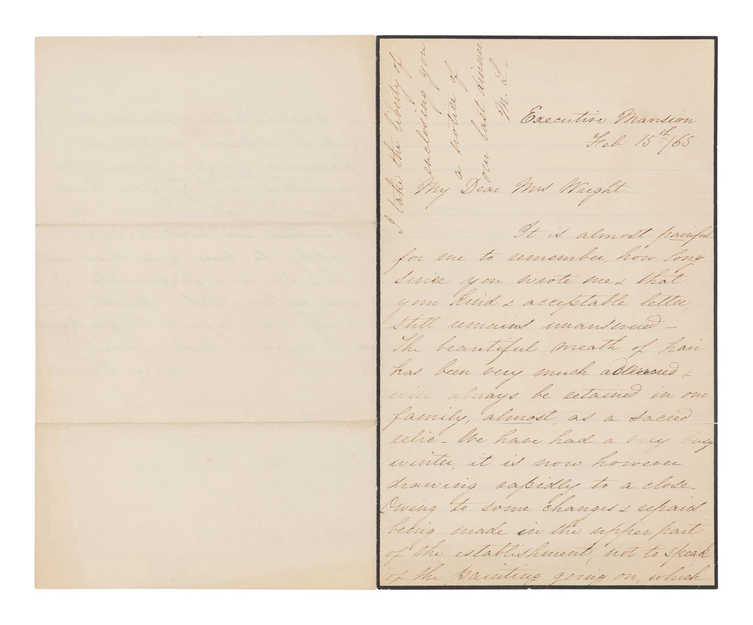 LINCOLN, Mary Todd (1818-1881). Autograph letter signed ("Mary Lincoln") to Caroline Wright, Washington, D.C.,15 February 1865.