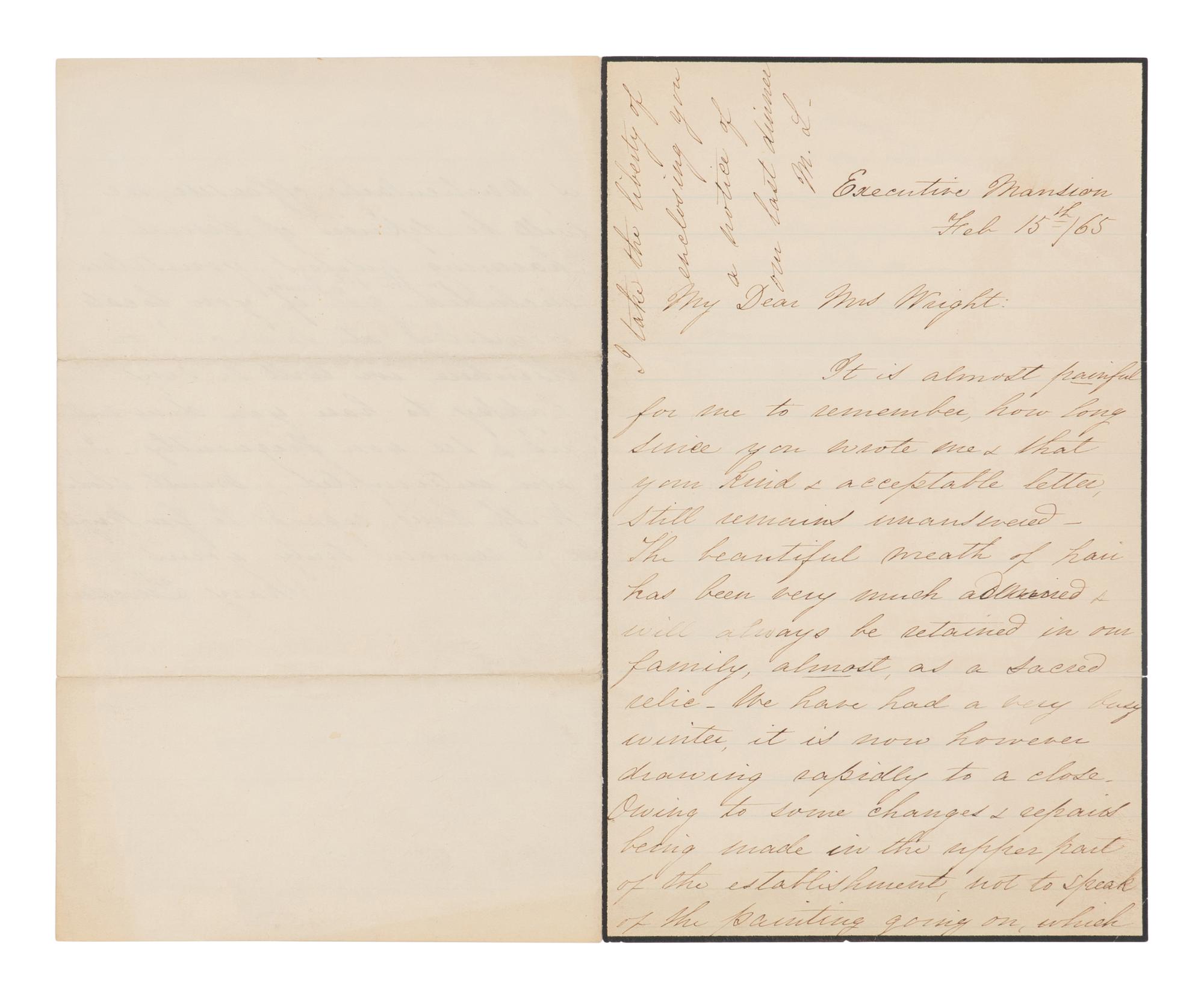 LINCOLN, Mary Todd (1818-1881). Autograph letter signed ("Mary Lincoln") to Caroline Wright, Washington, D.C.,15 February 1865.