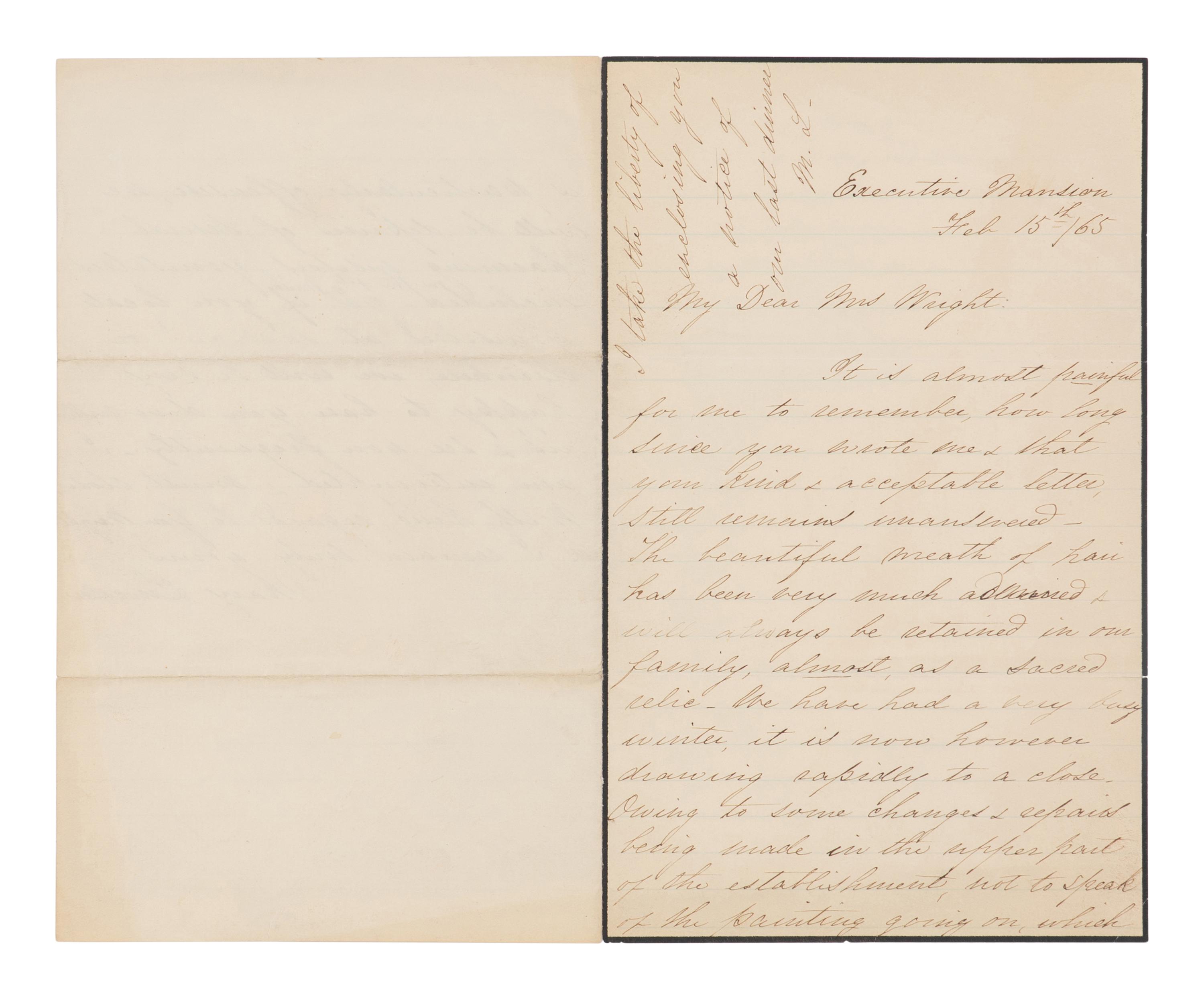 LINCOLN, Mary Todd (1818-1881). Autograph letter signed ("Mary Lincoln") to Caroline Wright, Washington, D.C.,15 February 1865.