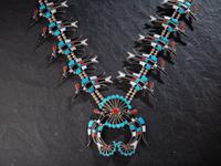 Large Zuni Mosaic Inlay Waterbird Squash Blossom Necklace