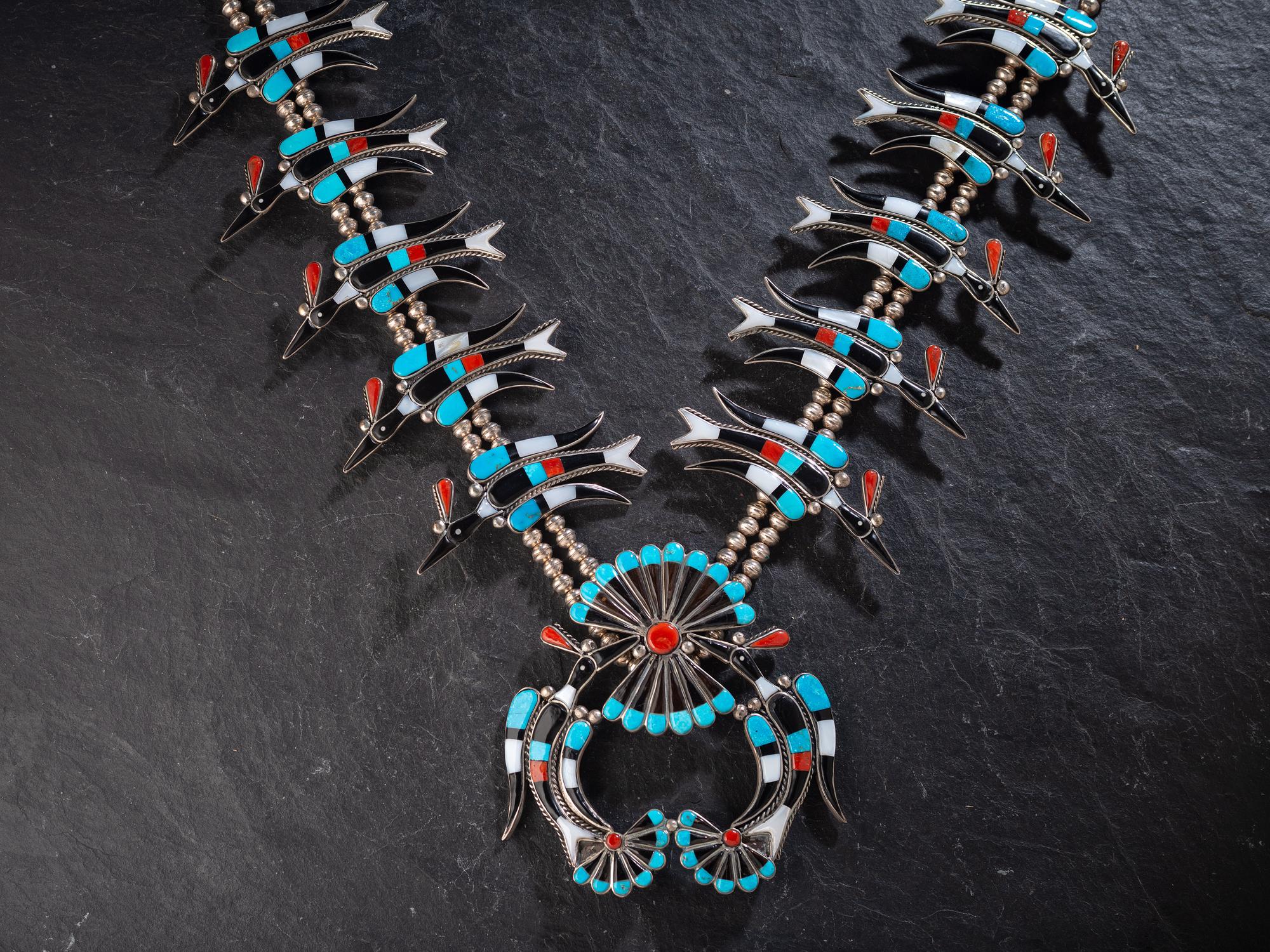 Large Zuni Mosaic Inlay Waterbird Squash Blossom Necklace
