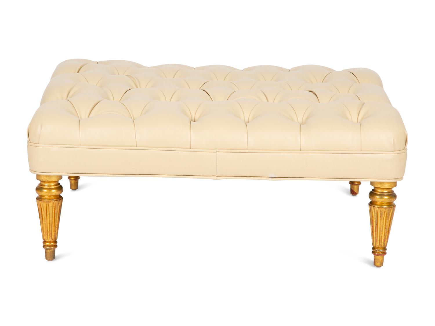A Louis XVI Style Giltwood and Button Tufted Upholstered Ottoman