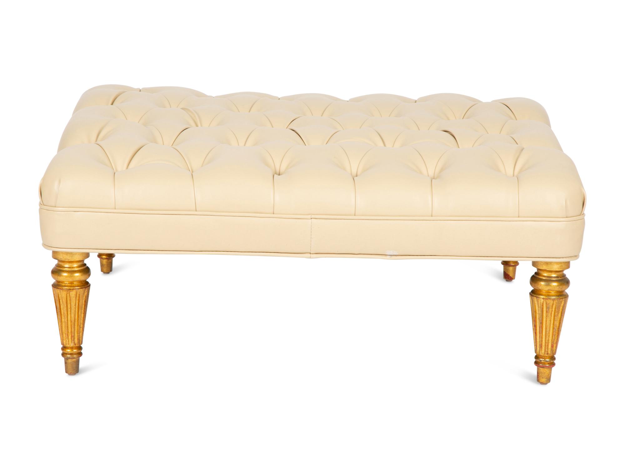 A Louis XVI Style Giltwood and Button Tufted Upholstered Ottoman