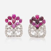 A Pair of Platinum, Diamond, and Ruby Dress Clips Converted to Earrings c. 1930's - 40's
