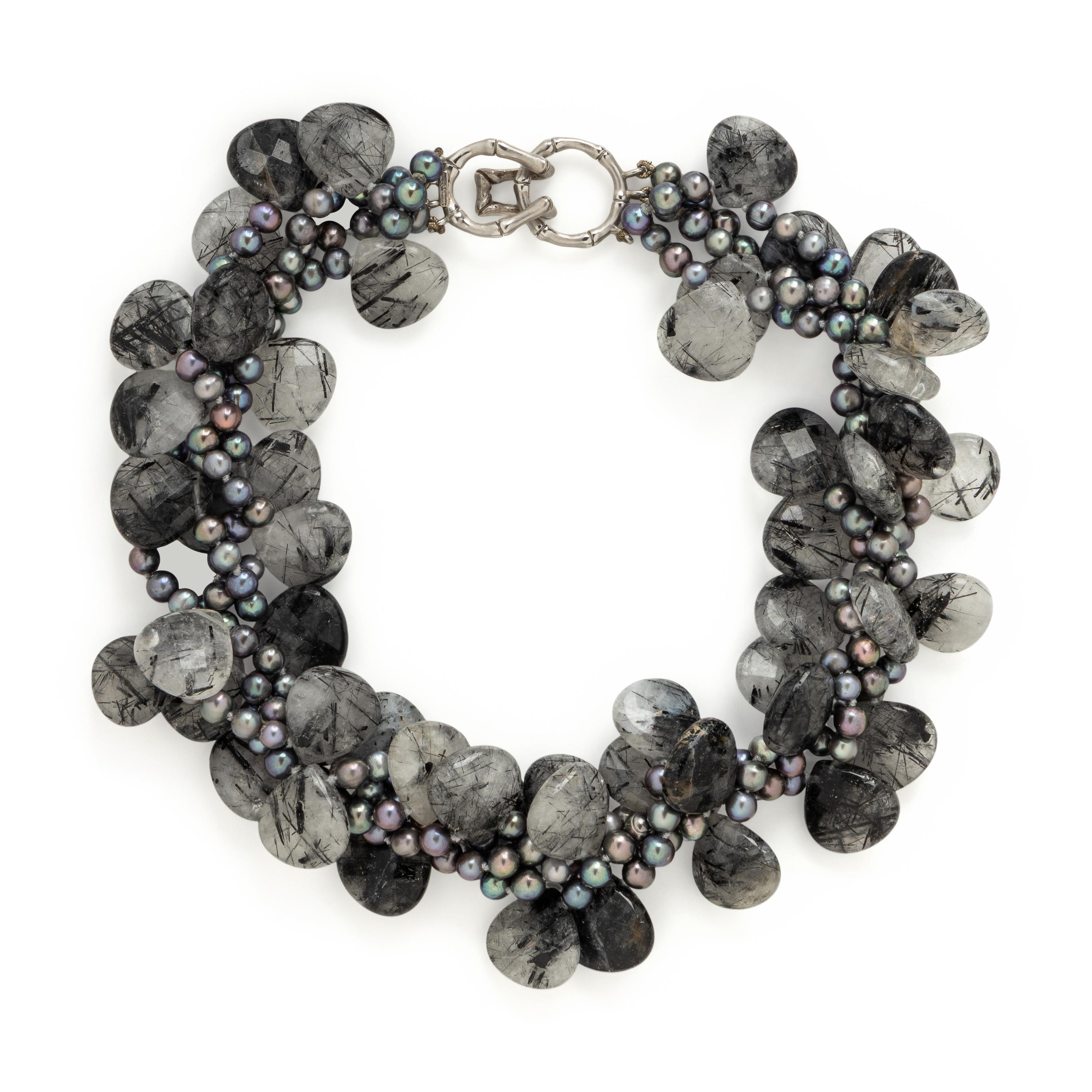 Mish, Grey Cultured Pearl and Tourmalinated Quartz Necklace