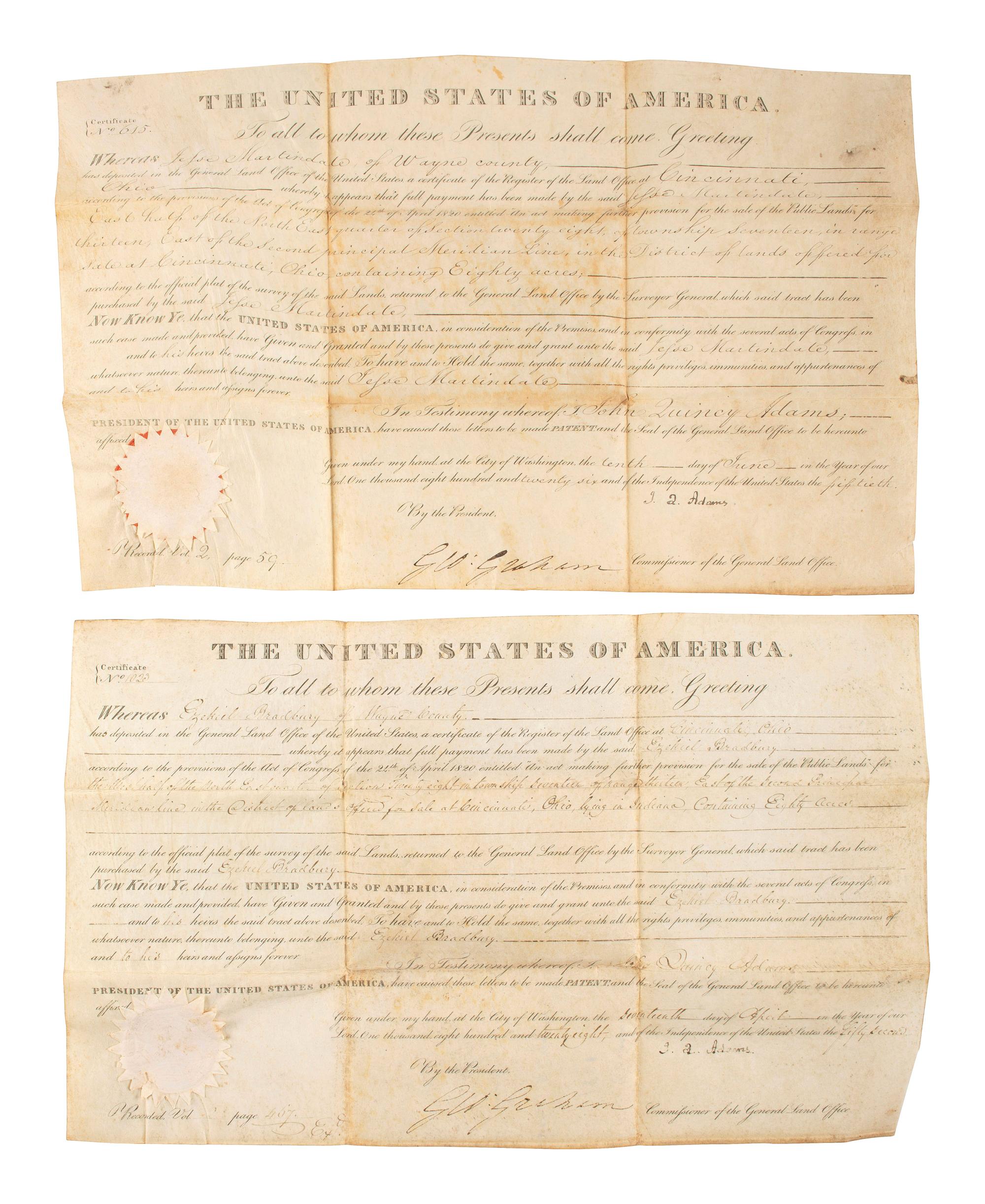 ADAMS, John Quincy (1767-1848). Two documents signed ("J. Q. Adams"), as President.