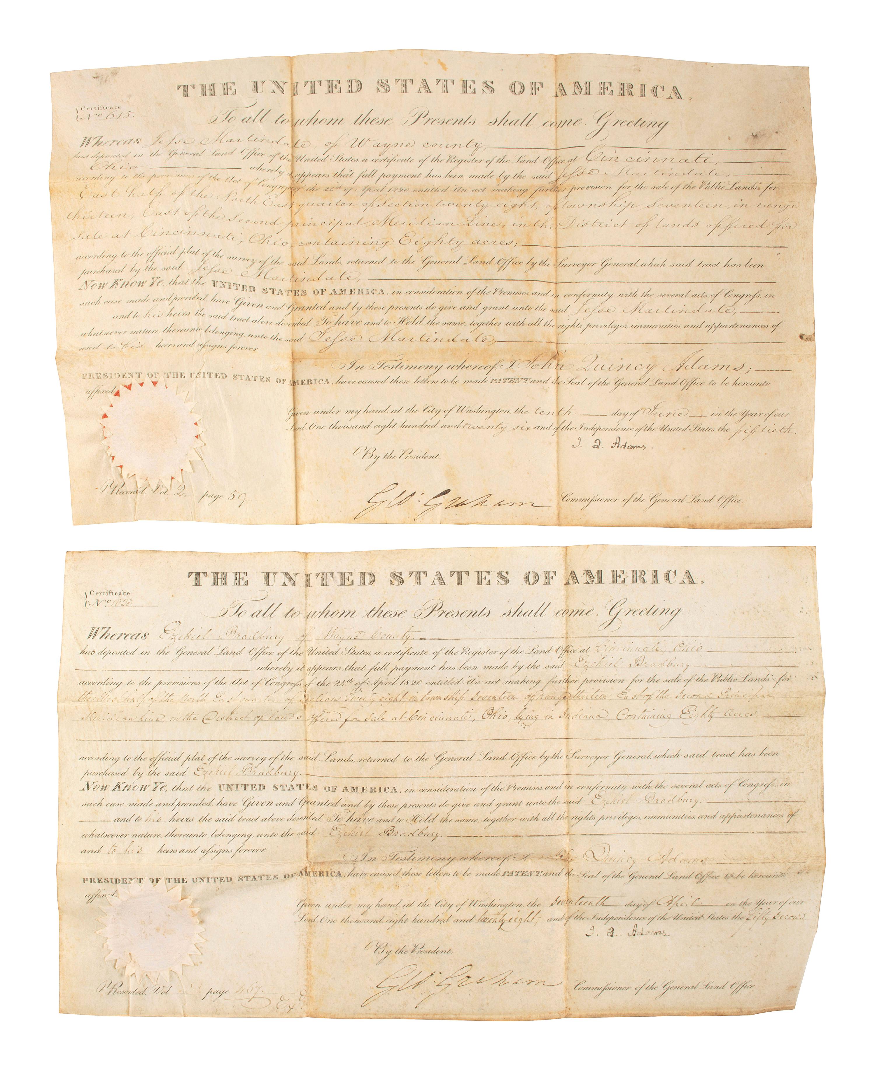 ADAMS, John Quincy (1767-1848). Two documents signed ("J. Q. Adams"), as President.
