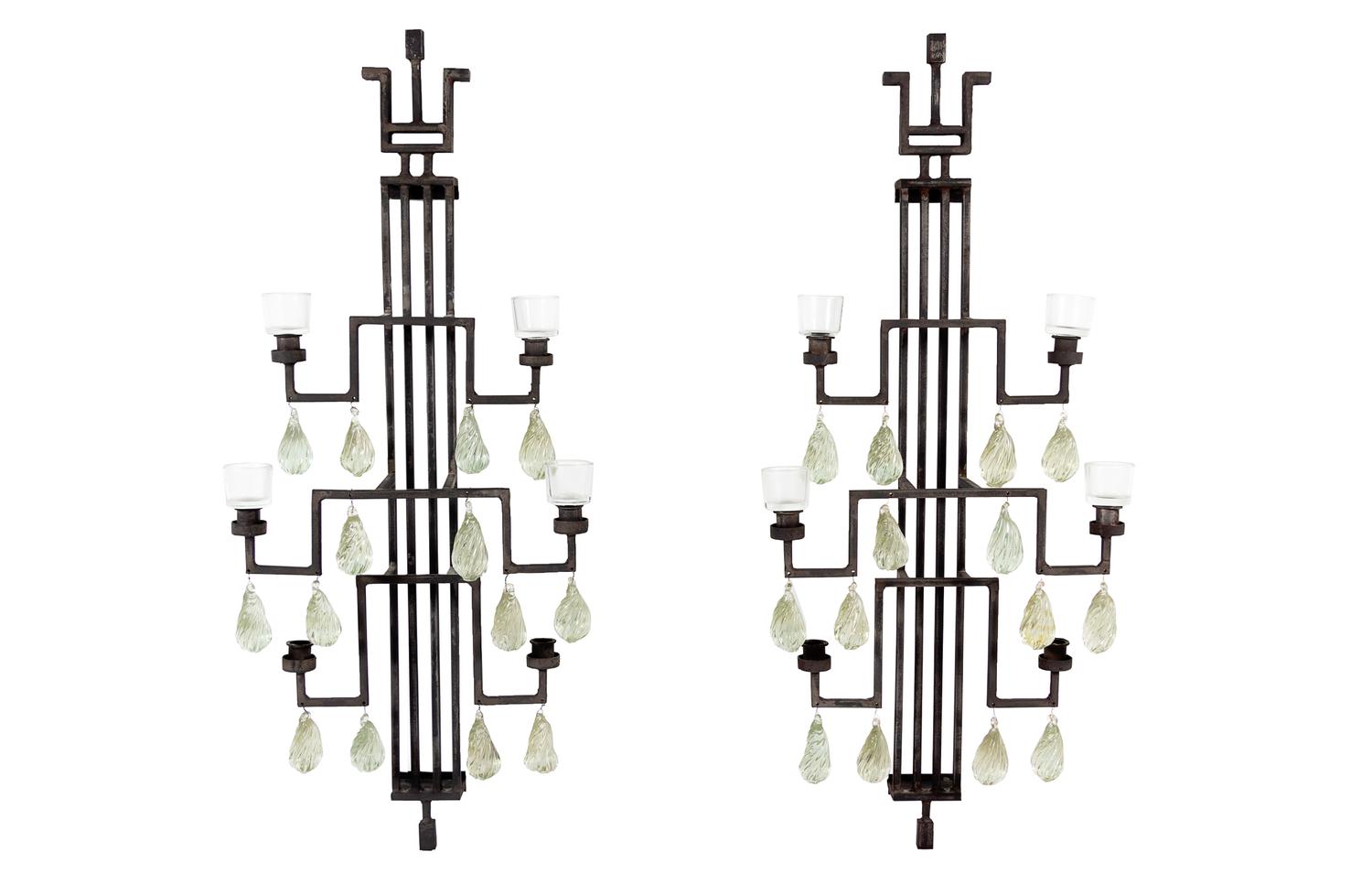 A Pair of Modernist Steel and Glass Four-Light Sconces