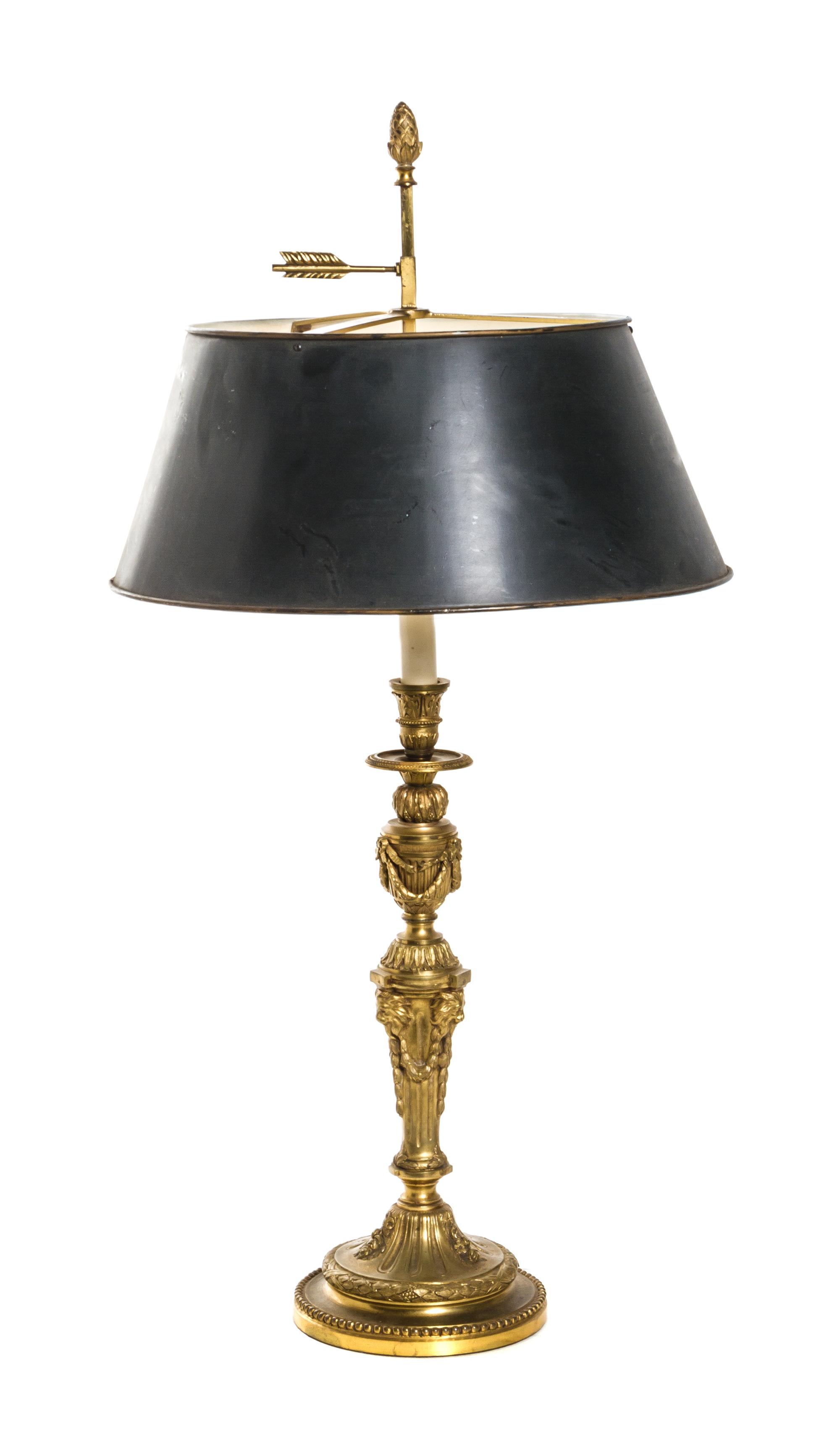 A Louis XVI Style Gilt Bronze Candlestick Bouillotte Lamp, Height overall 29 1/2 inches.