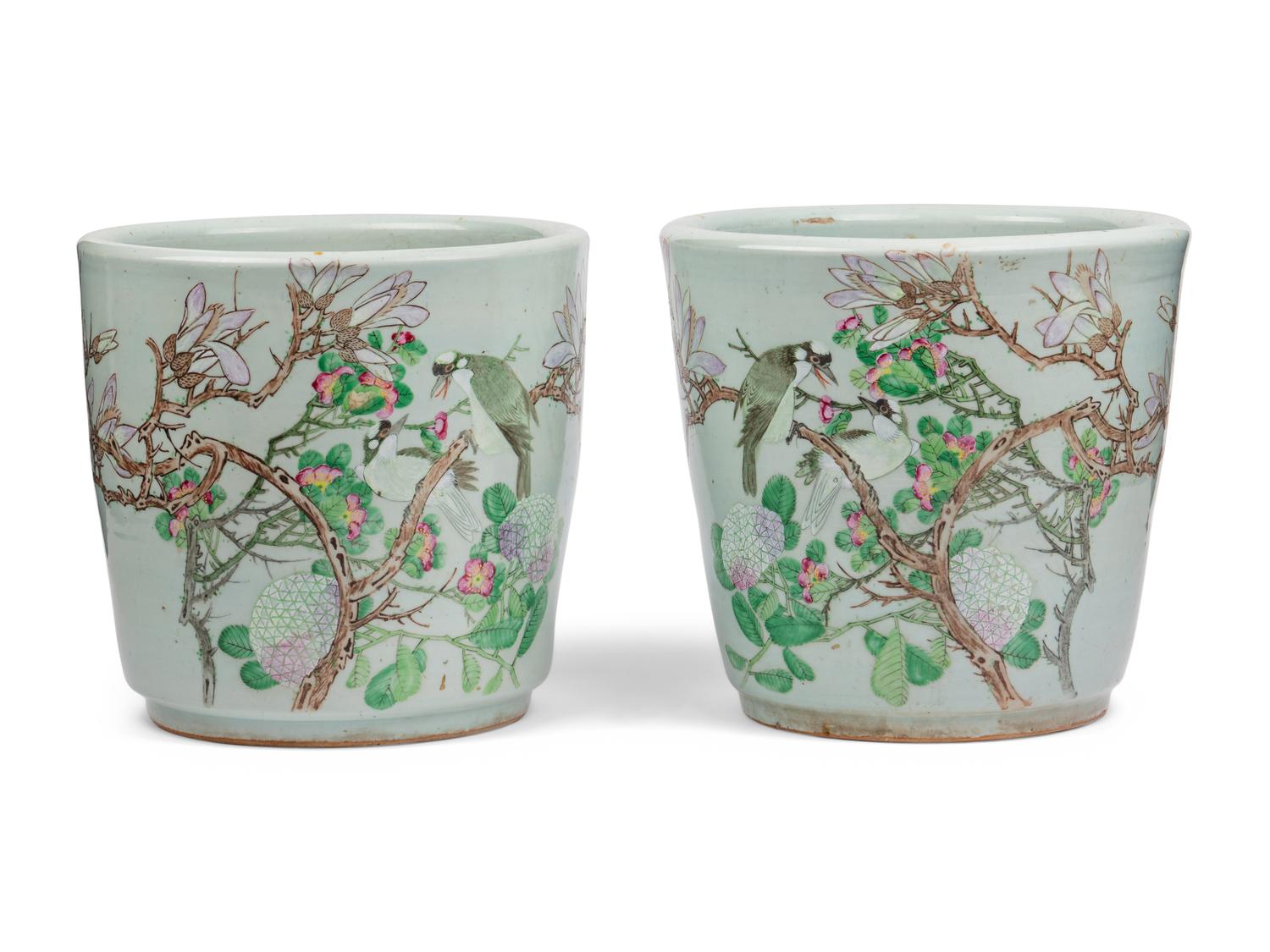 A Pair of Chinese Export Famille Rose Decorated Porcelain Jardinières