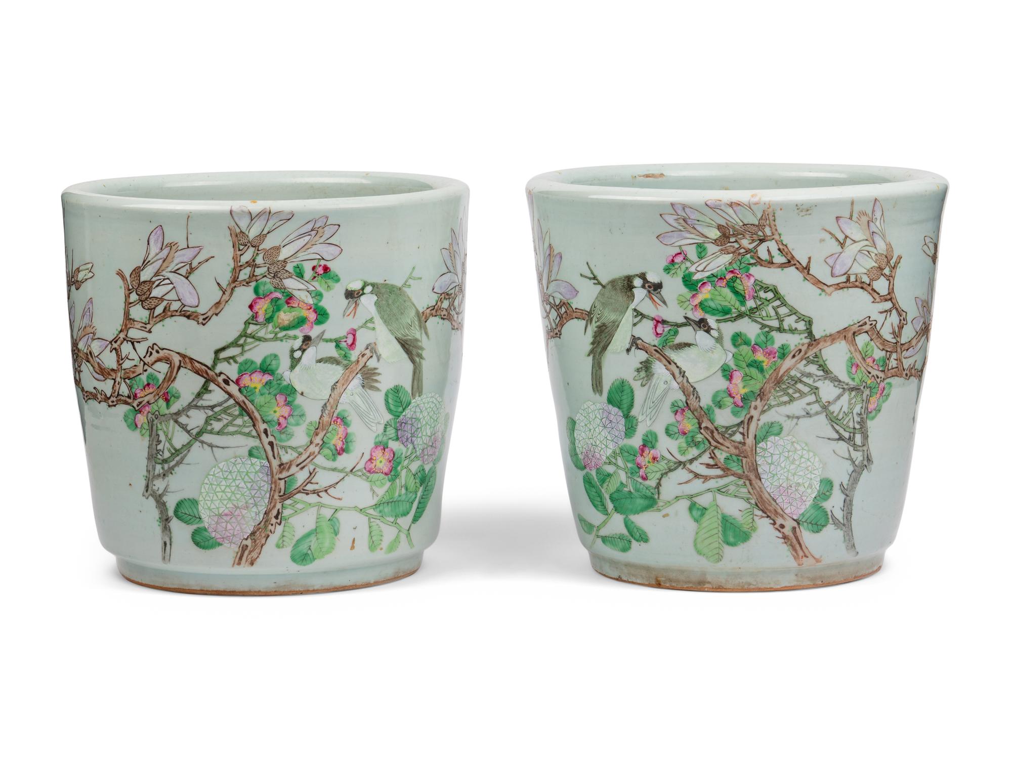 A Pair of Chinese Export Famille Rose Decorated Porcelain Jardinières