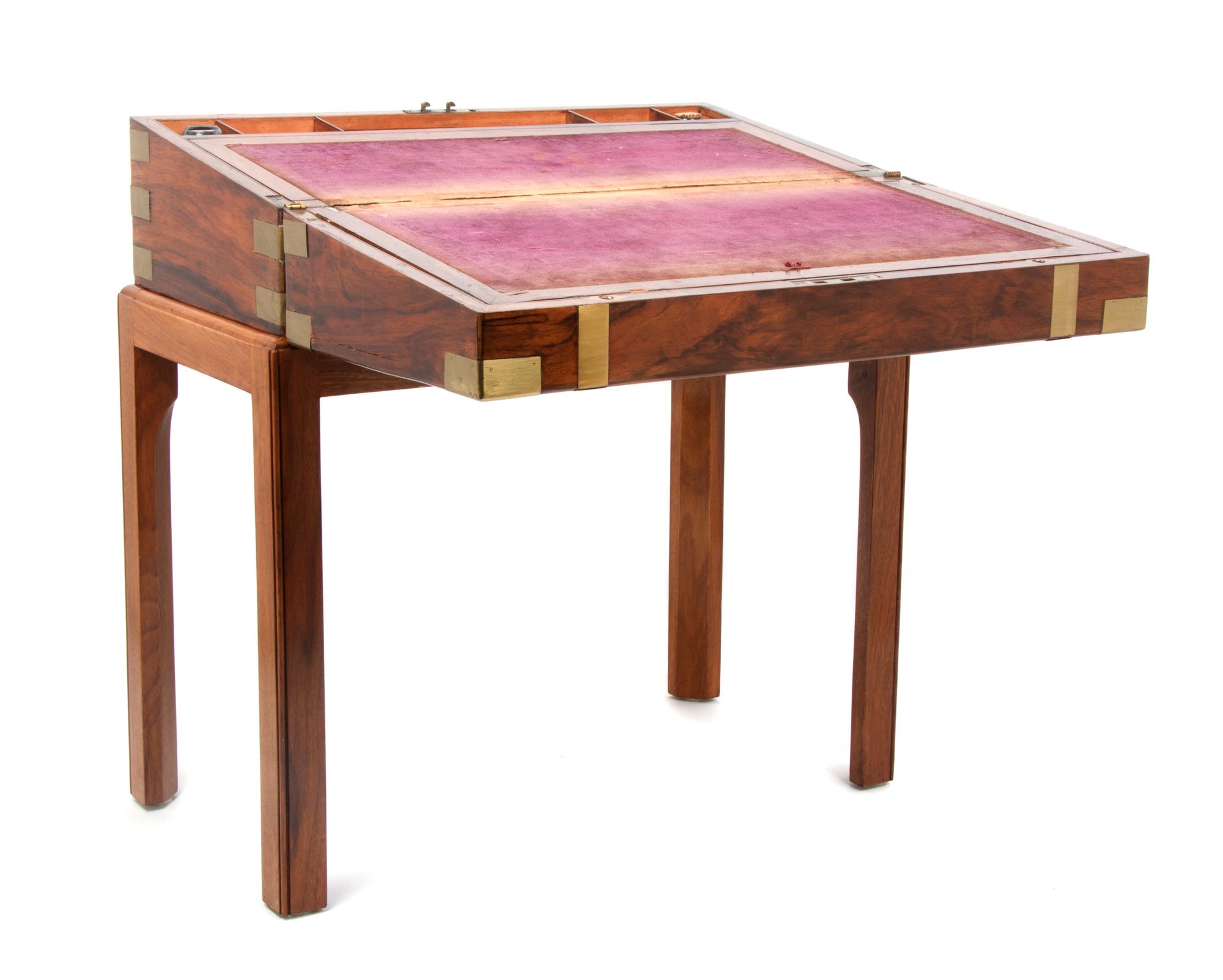 A Brass Bound Lap Desk on Stand, Height overall 22 x width 20 x depth 10 inches.