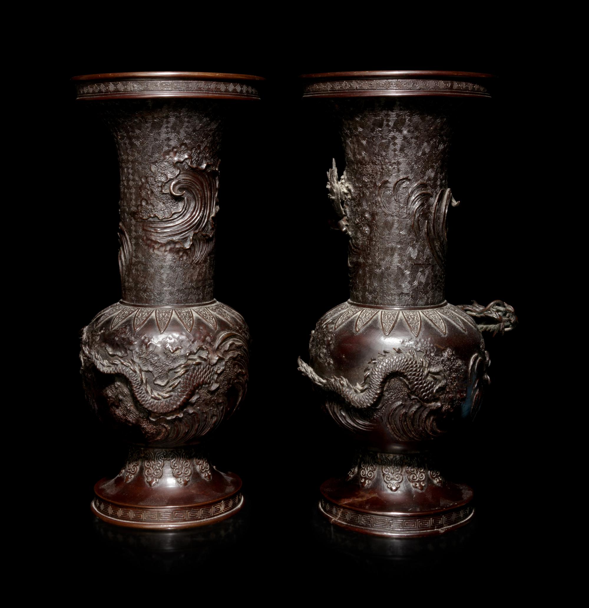 A Pair of Bronze Dragon Vases
