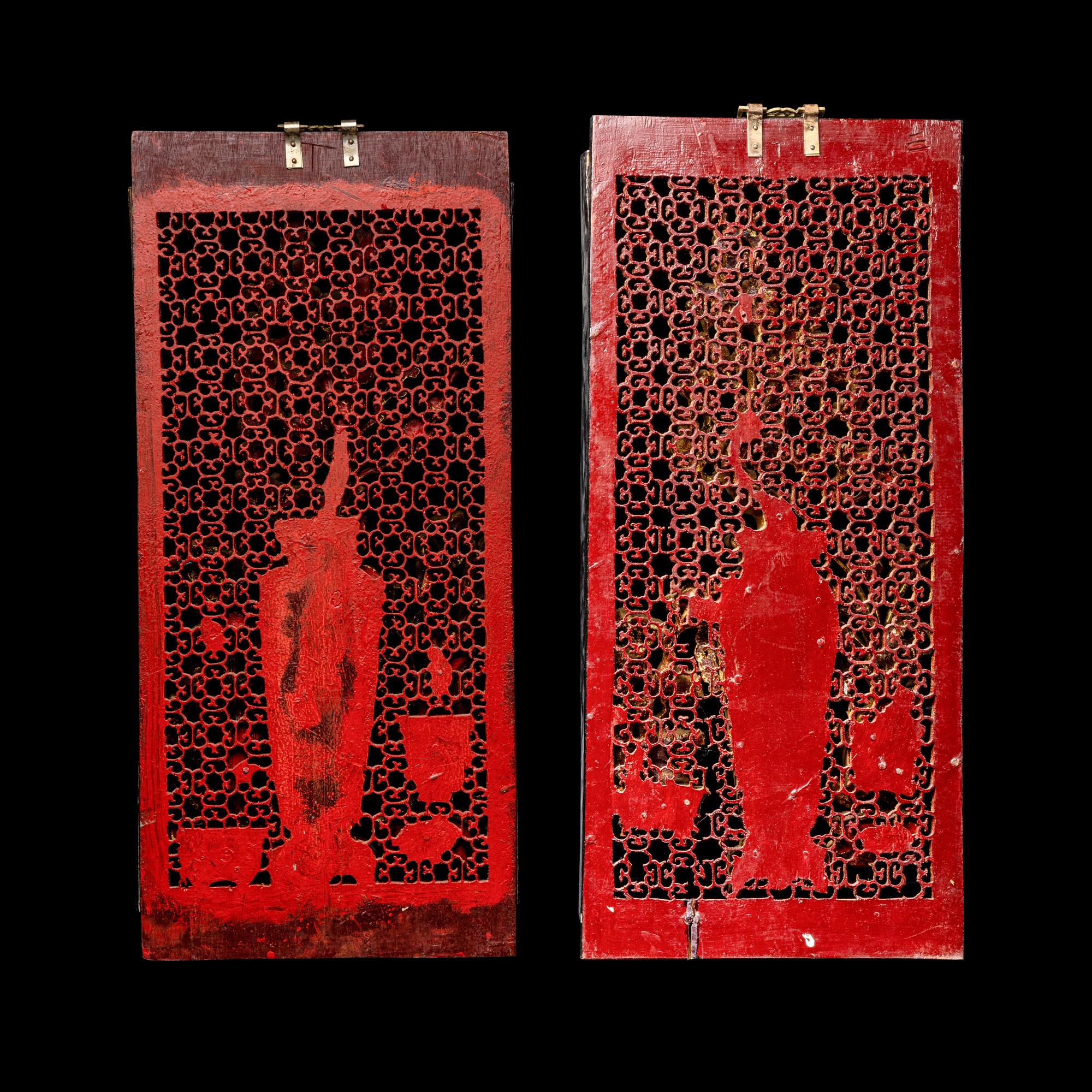 A Matched Pair of Chinese Gilt and Red Lacquered Wood Panels