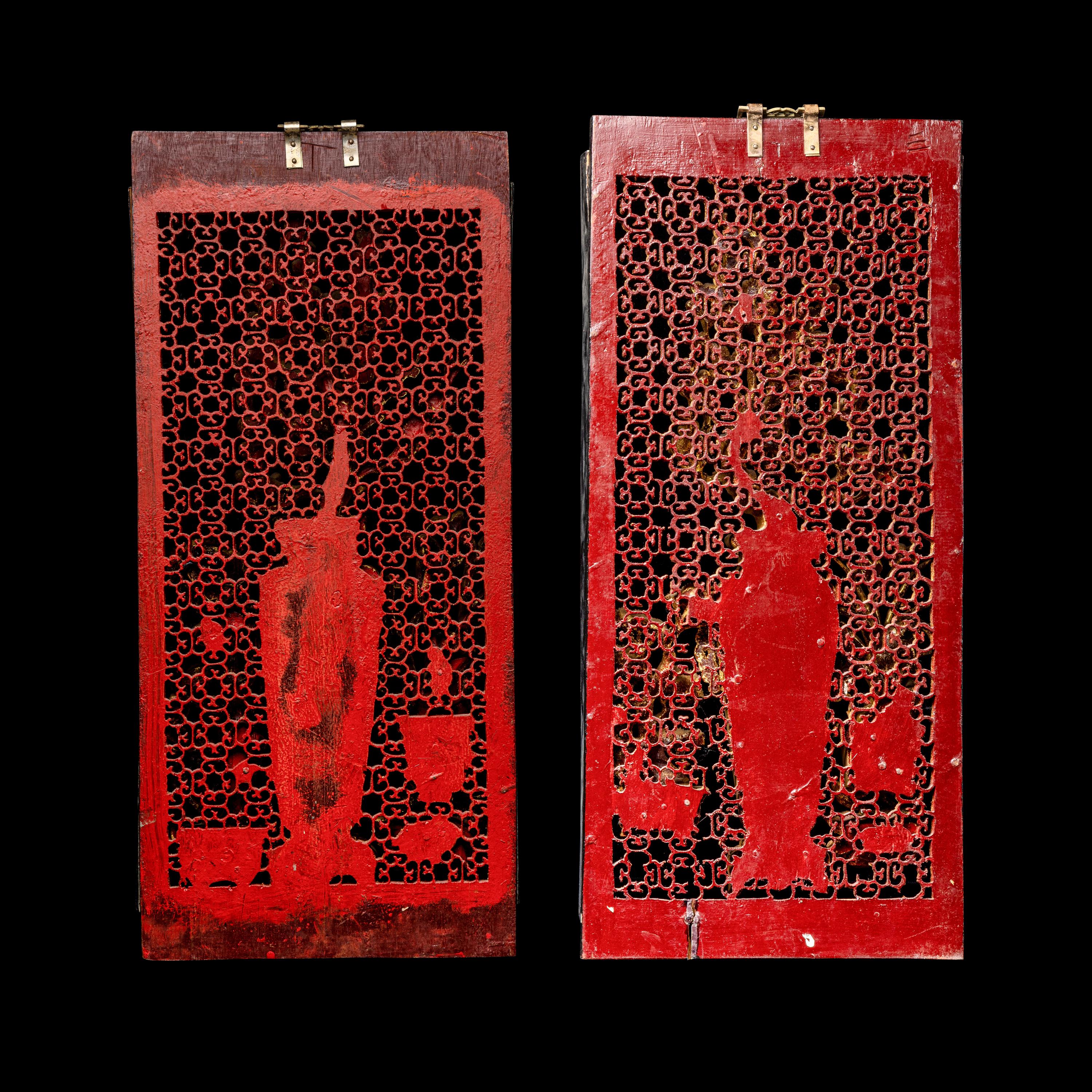 A Matched Pair of Chinese Gilt and Red Lacquered Wood Panels