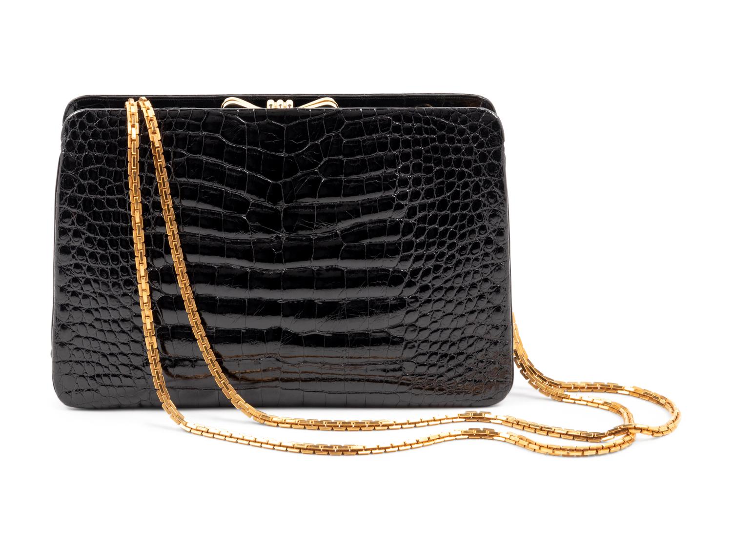 Judith Leiber Black Alligator Frame Shoulder Bag,