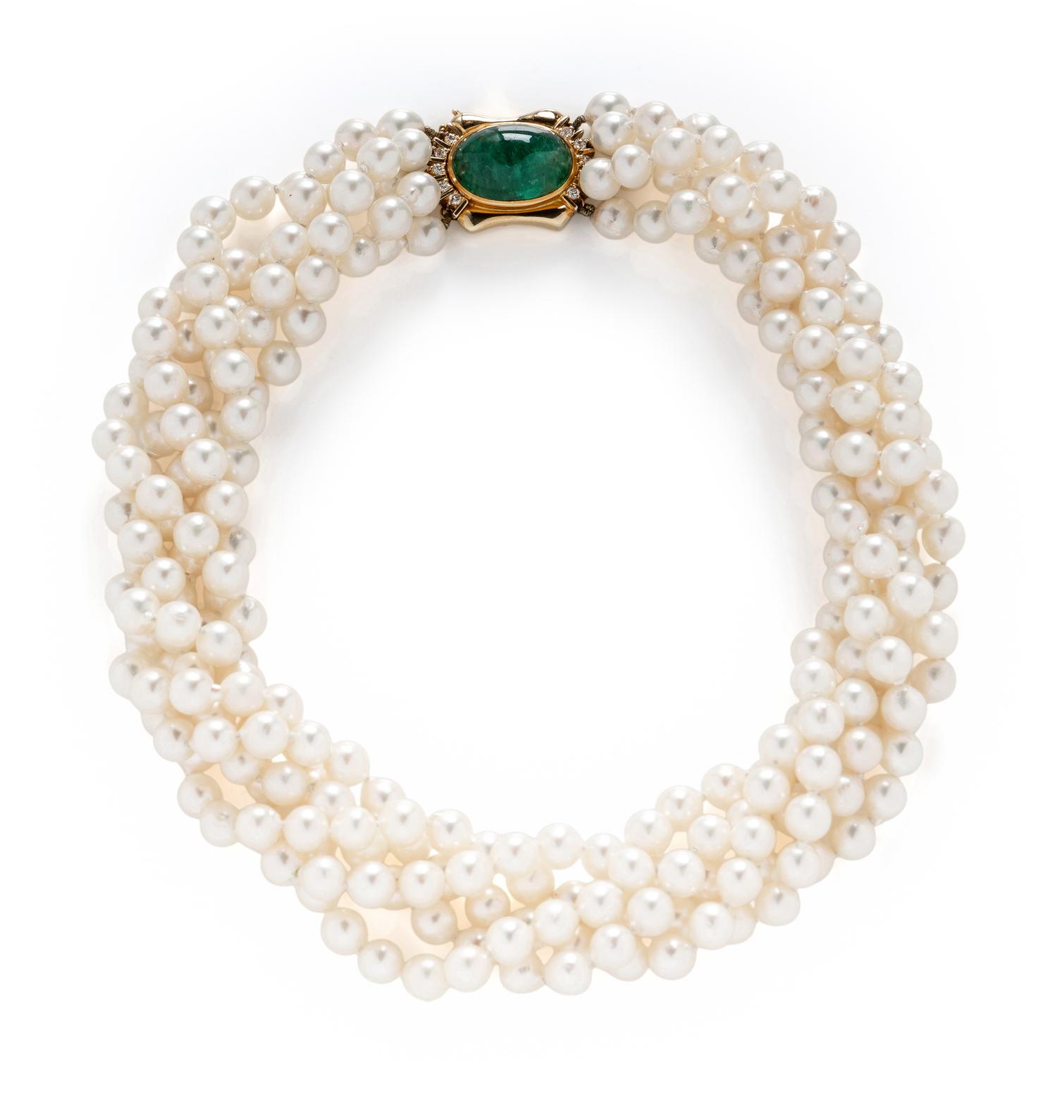 CULTURED PEARL, EMERALD, AND DIAMOND NECKLACE