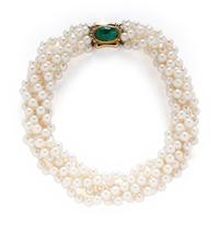 CULTURED PEARL, EMERALD, AND DIAMOND NECKLACE
