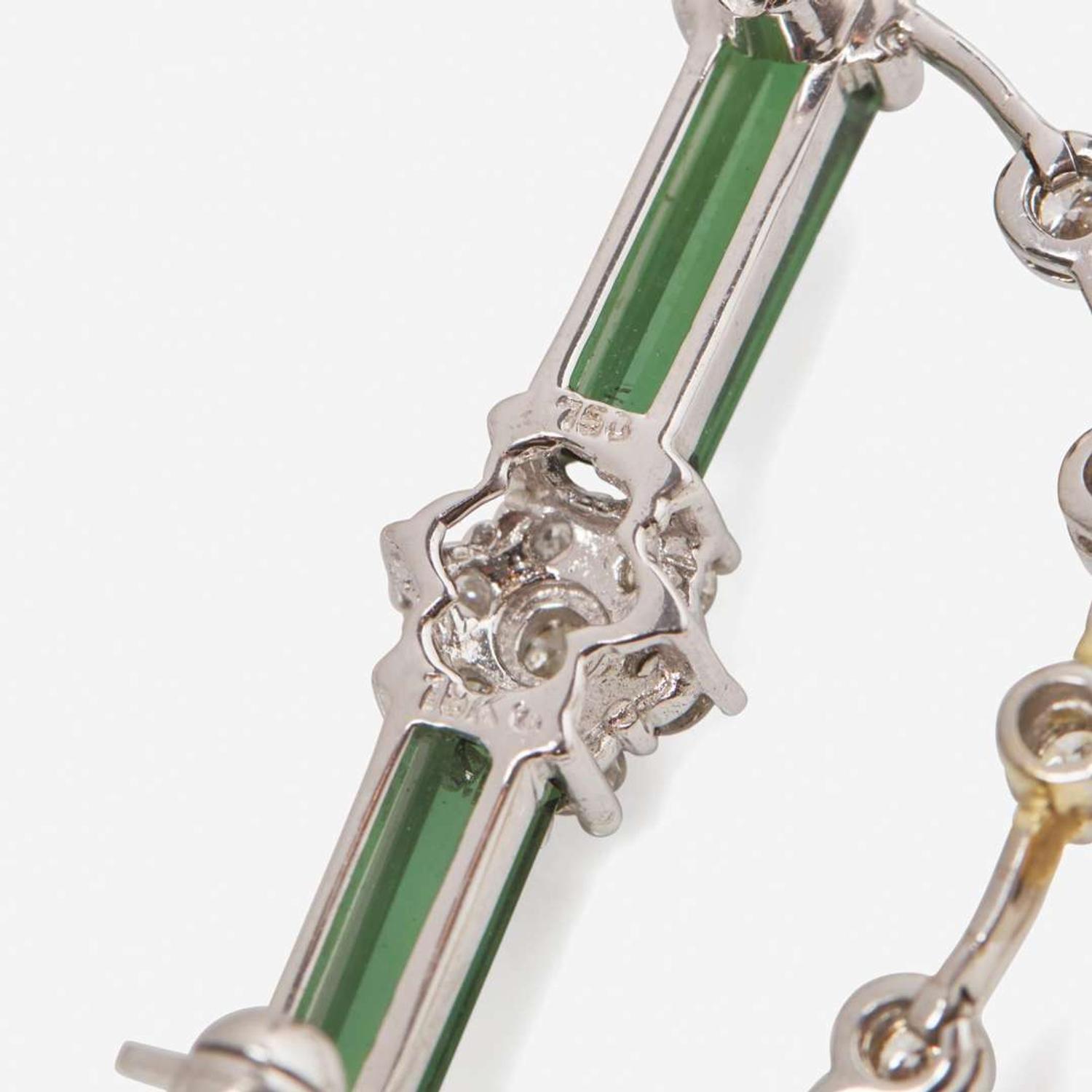 An 18K White Gold, Tourmaline, Diamond, and Pearl Brooch