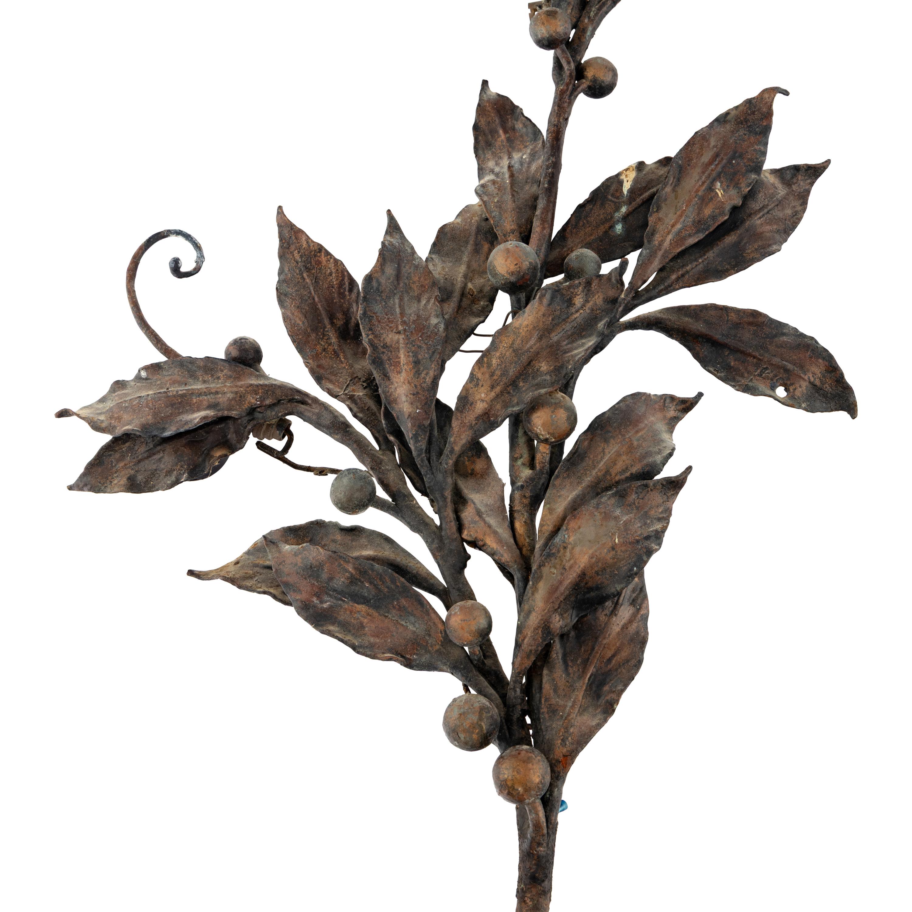 A Pair of Patinated Iron and Tole Fruiting Branch-Form Wall Lights