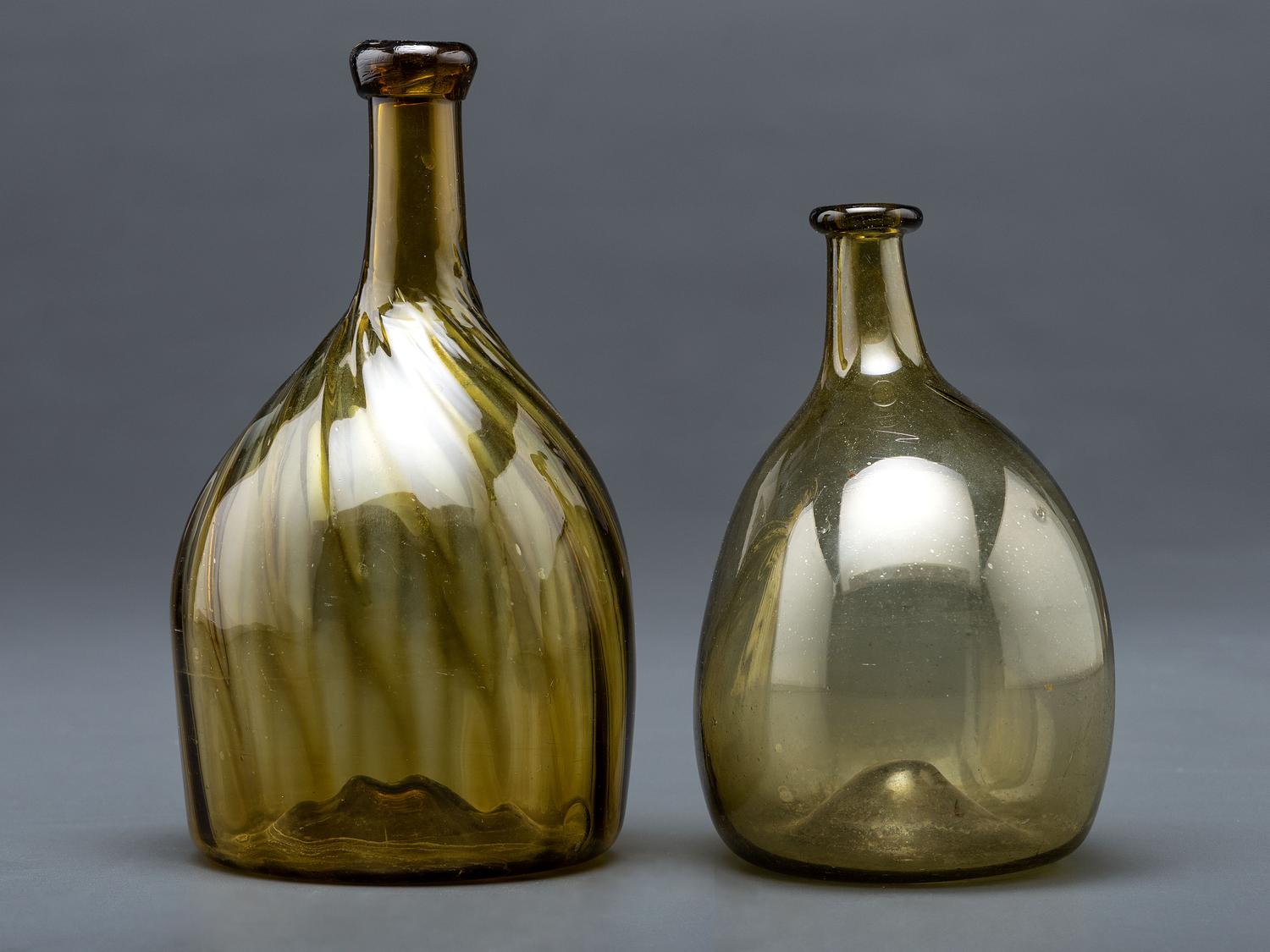 Two Blown Glass Bottles in Olive