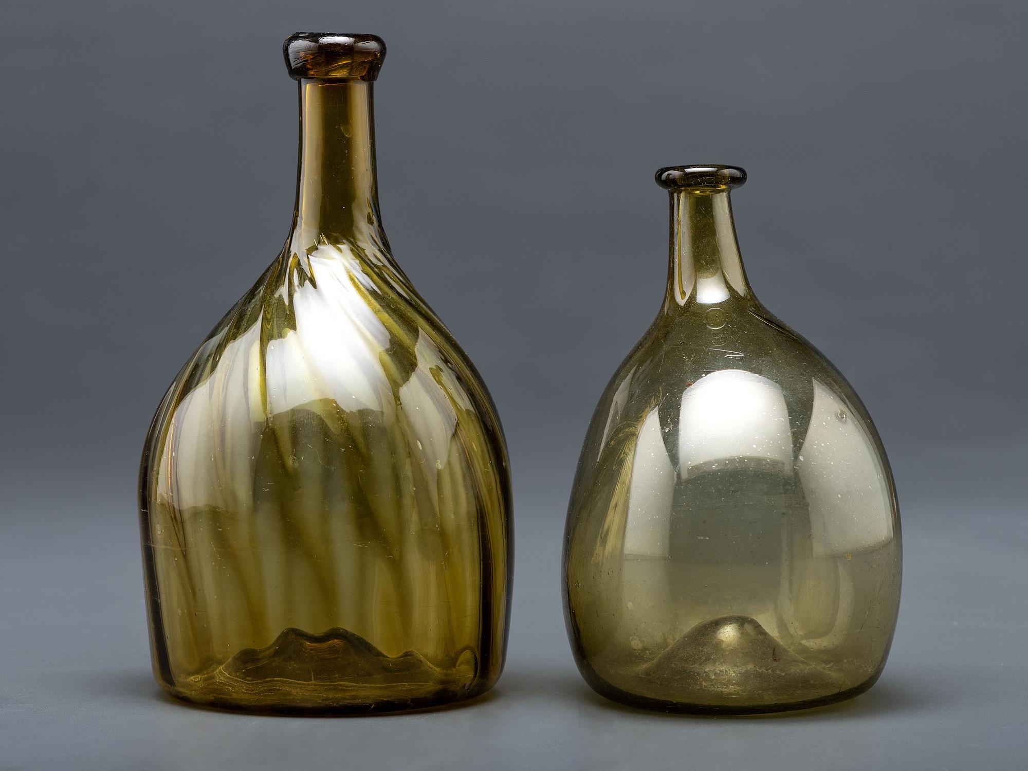 Two Blown Glass Bottles in Olive