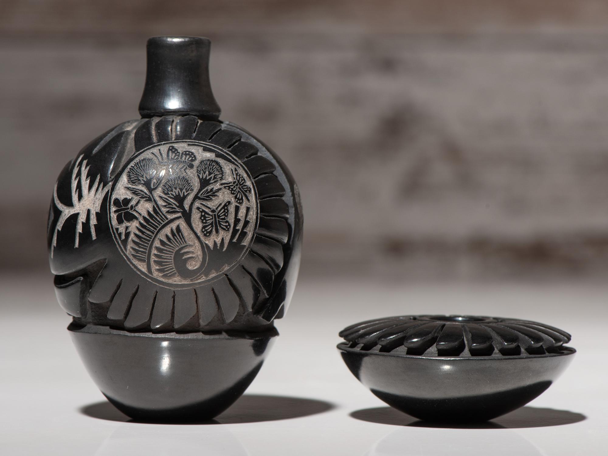 Carved Miniature Blackware Pottery