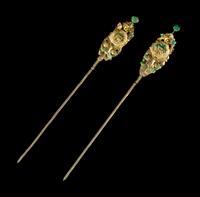 A Pair of Hardstone and Glass Inset Gold Hairpins Length of each 7 3/4 inches. — QING DYNASTY