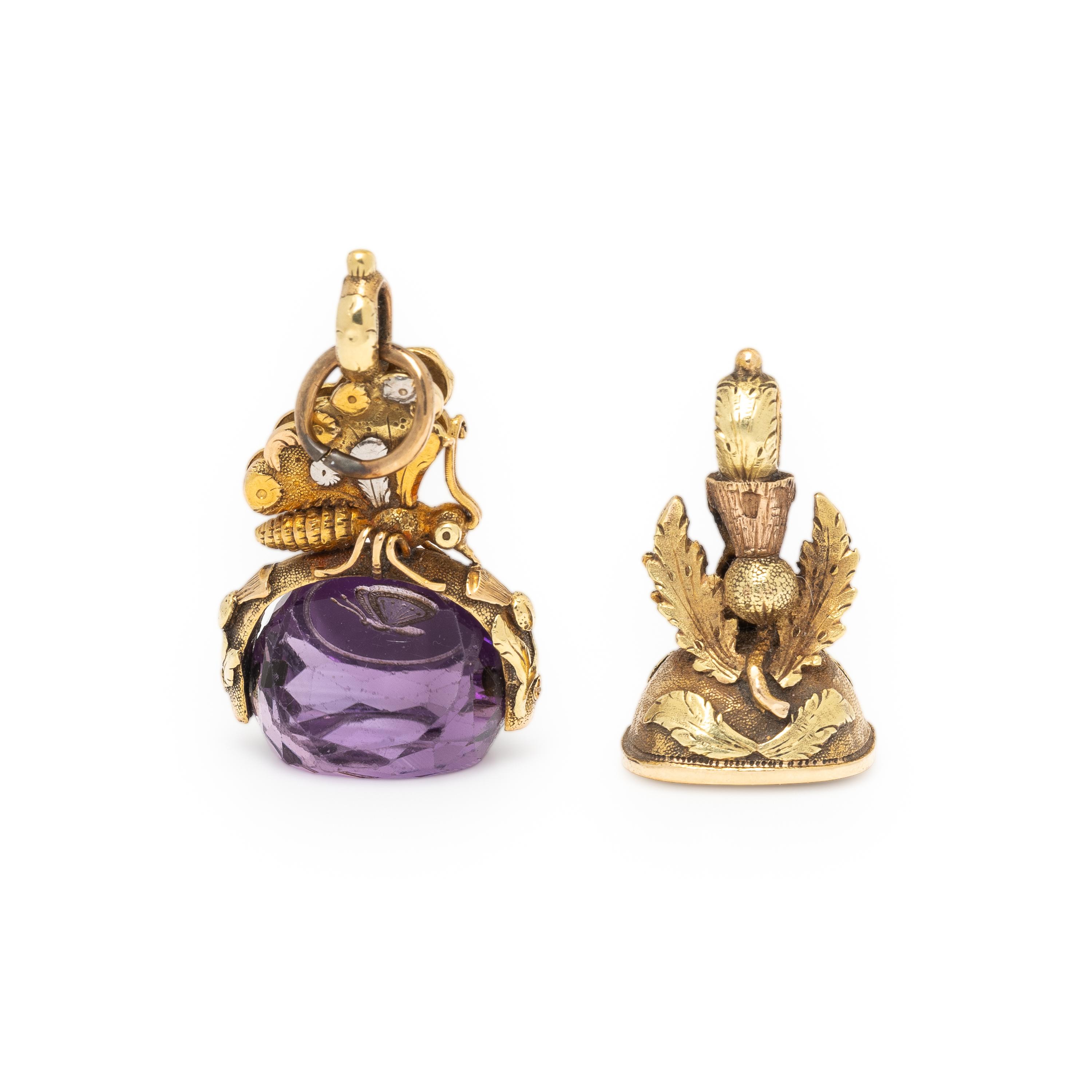 Tricolor Gold and Amethyst Seal and Bicolor Gold and Bloodstone Watch Fob