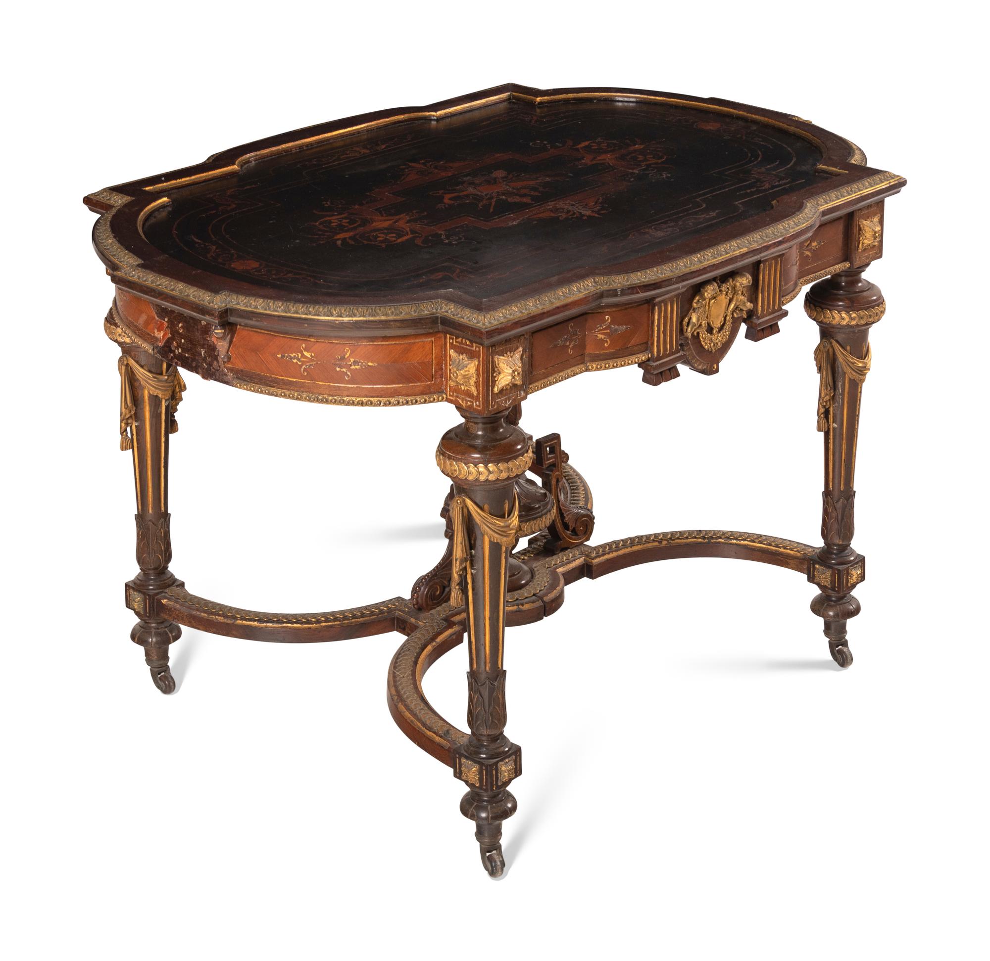 A Napoleon III Gilt Bronze Mounted Marquetry Center Table