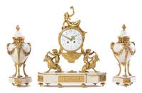 A French Gilt Bronze and Marble Clock Garniture Height of clock 20 inches. — 19TH CENTURY