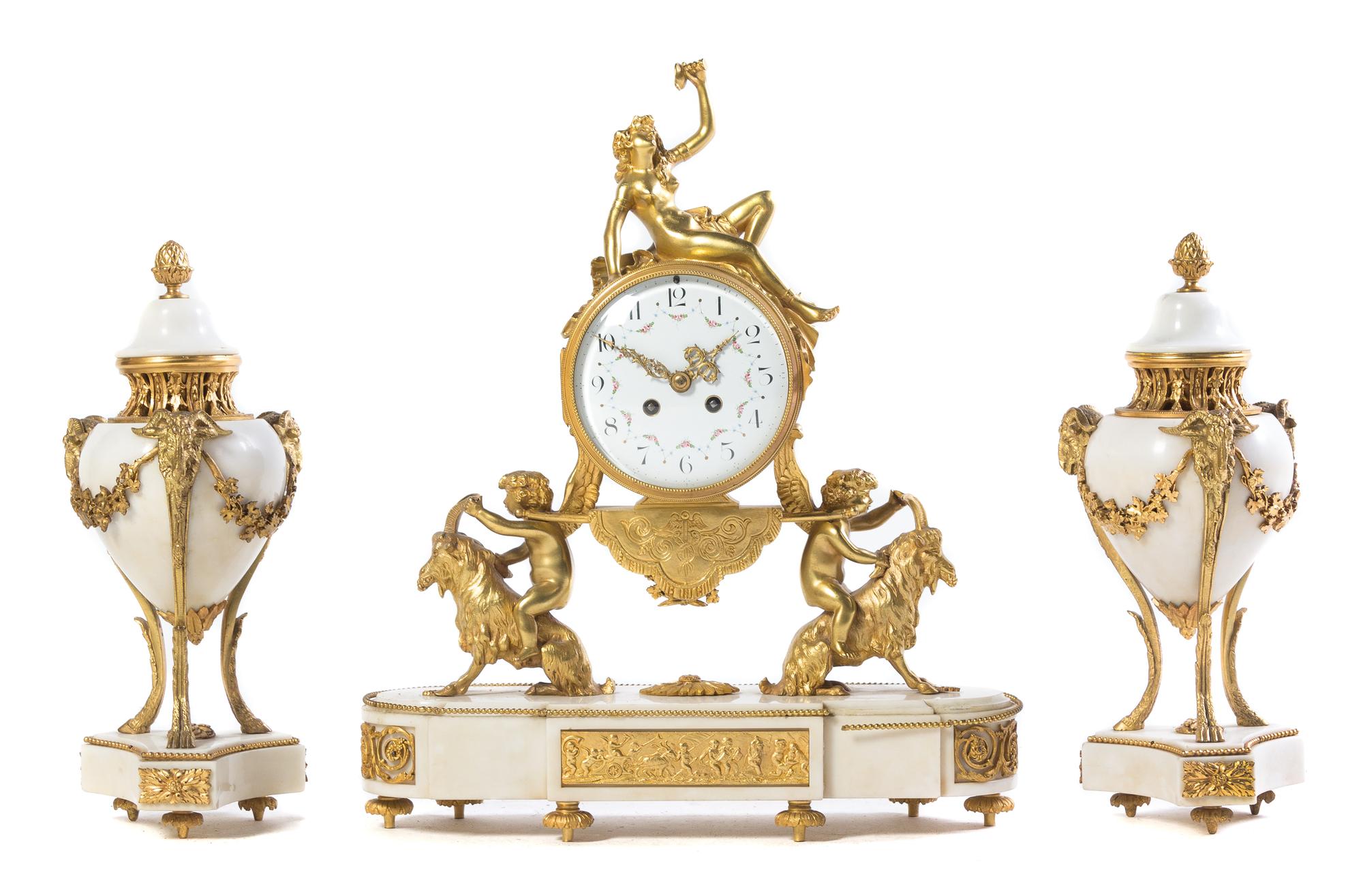 A French Gilt Bronze and Marble Clock Garniture Height of clock 20 inches. — 19TH CENTURY