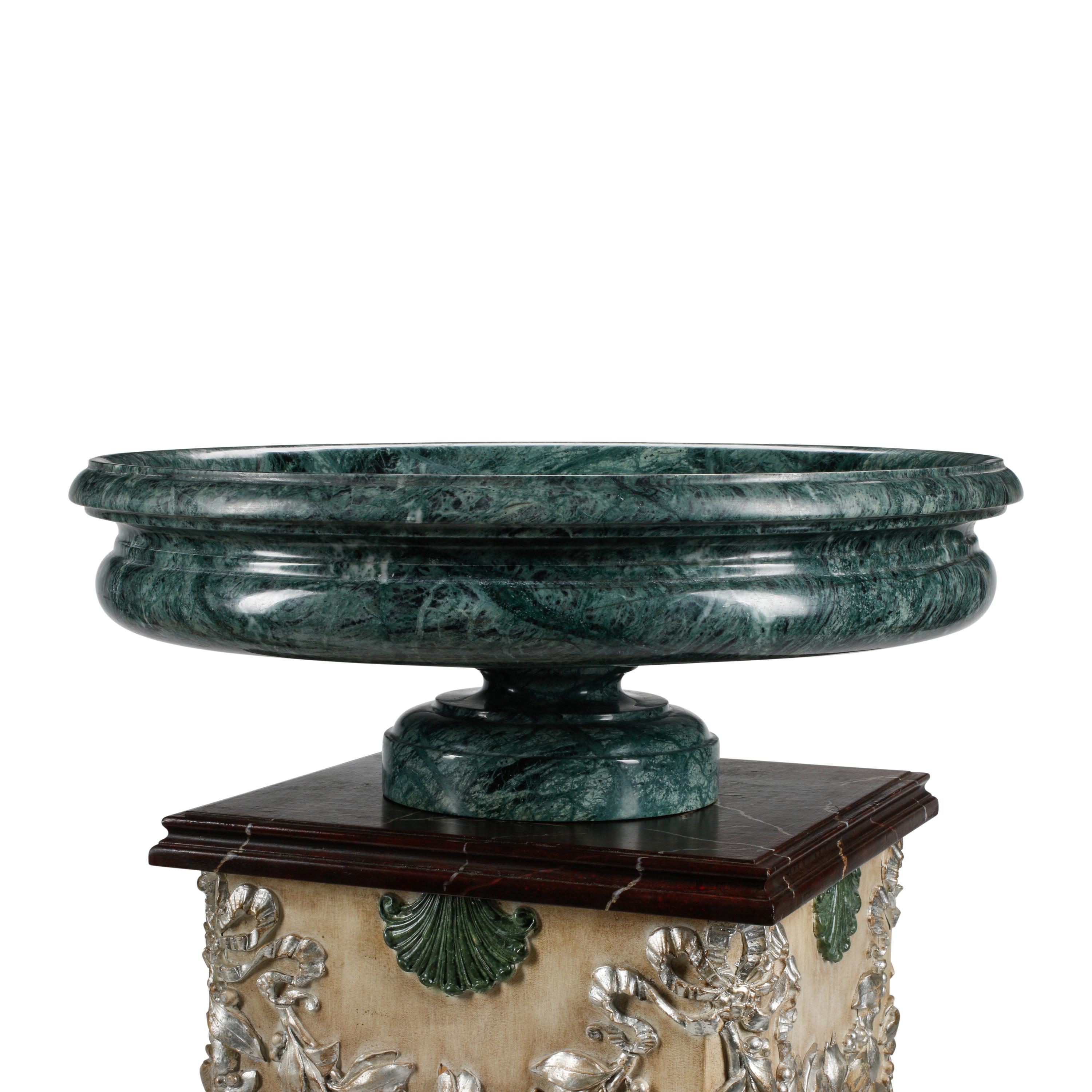 A Pair of Italian Green Marble Tazze with Carved and Polychrome Painted Pedestals