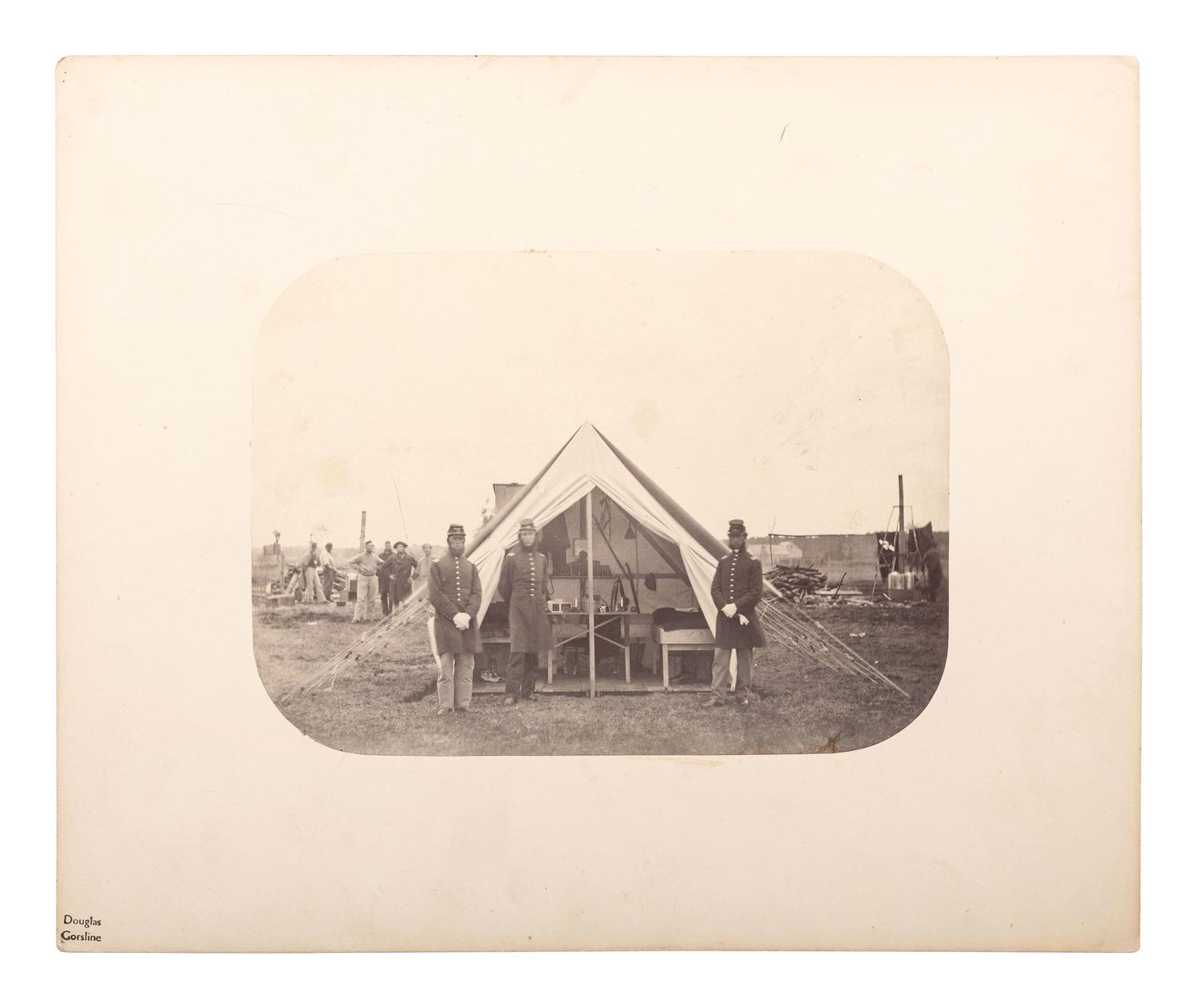 [CIVIL WAR]. Albumen photograph of Union officers posed in front of a tent.