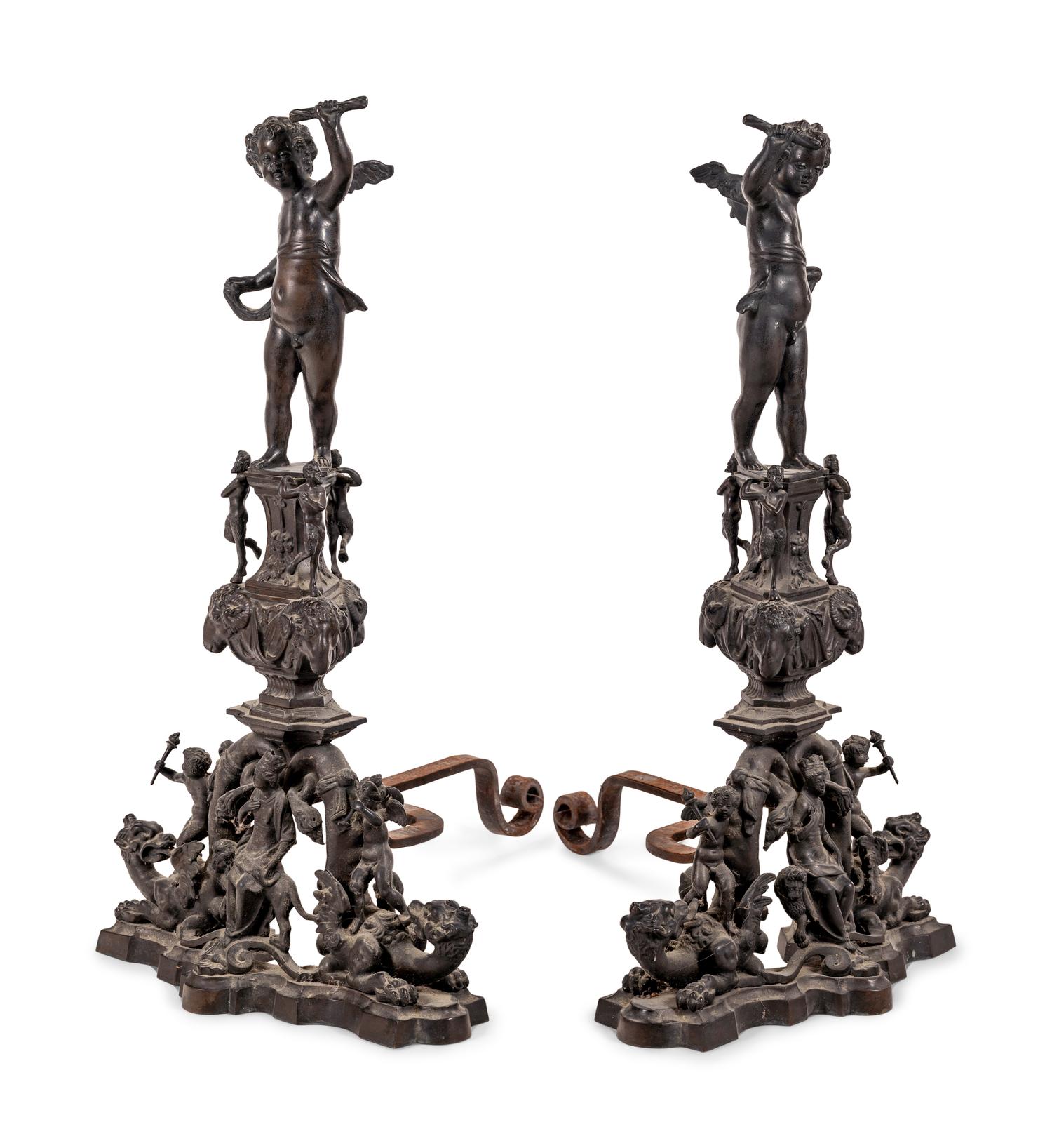 A Pair of Baroque Style Bronze Figural Andirons