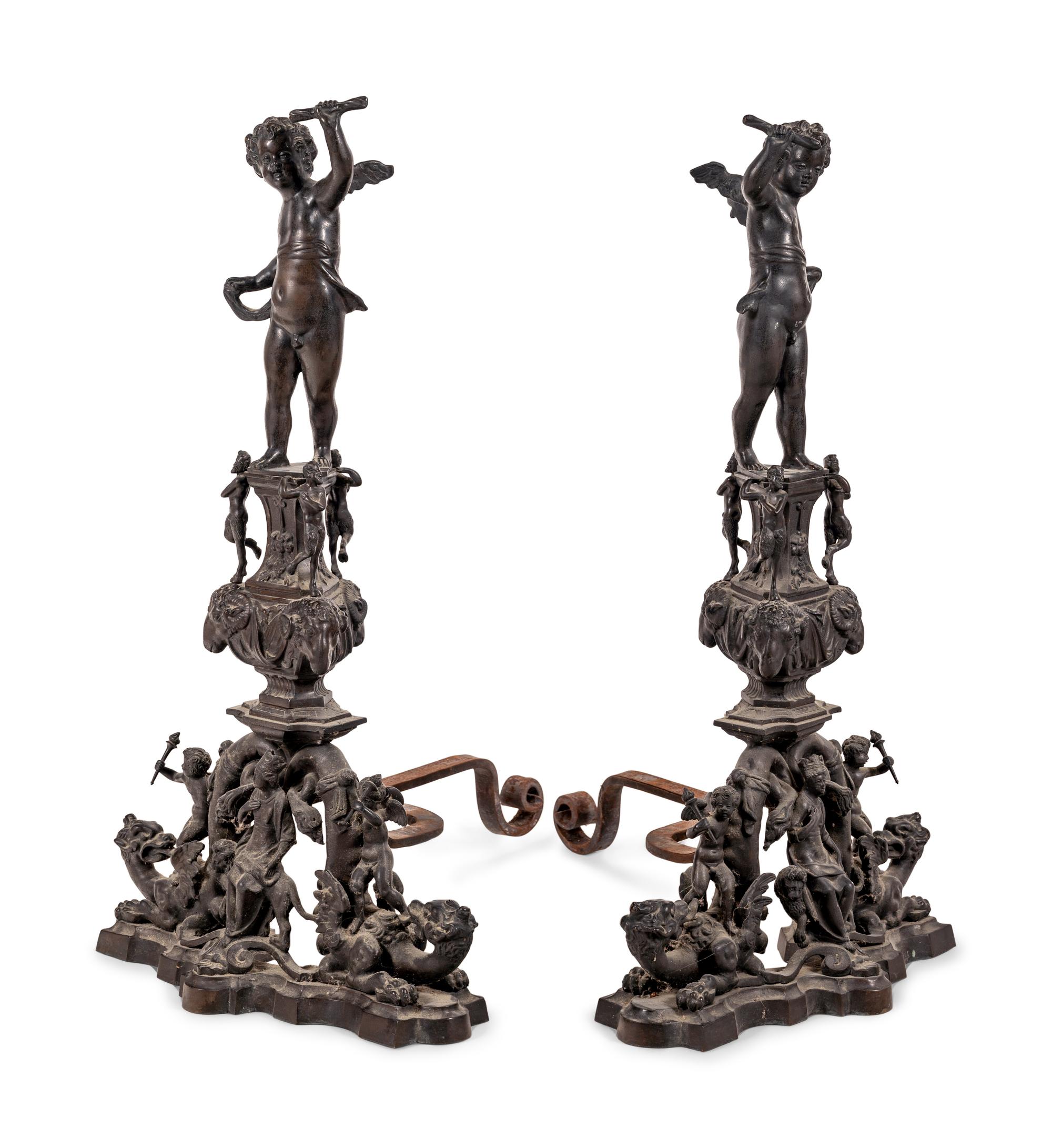 A Pair of Baroque Style Bronze Figural Andirons