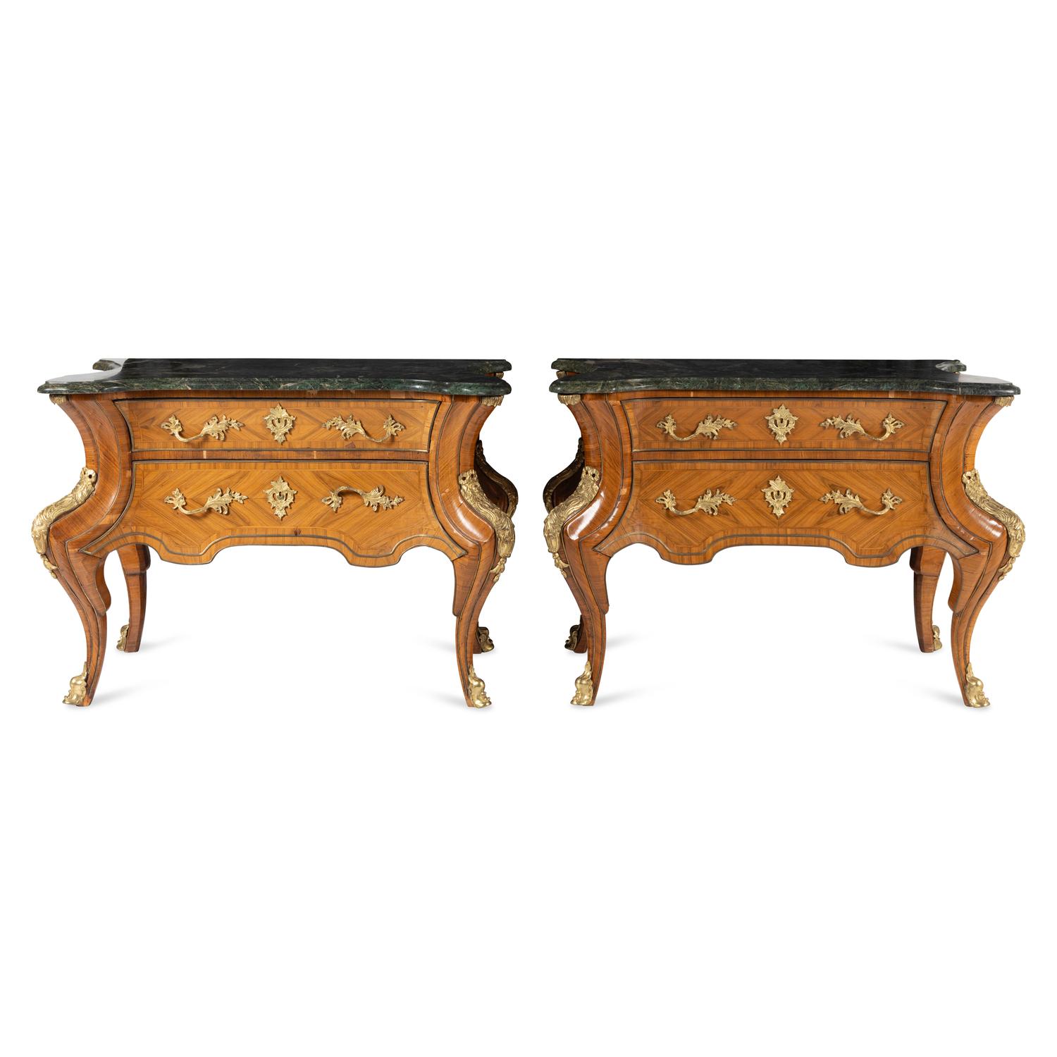A Pair of Régence Style Gilt Bronze Mounted Tulipwood Marble-Top Commodes