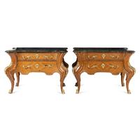 A Pair of Régence Style Gilt Bronze Mounted Tulipwood Marble-Top Commodes