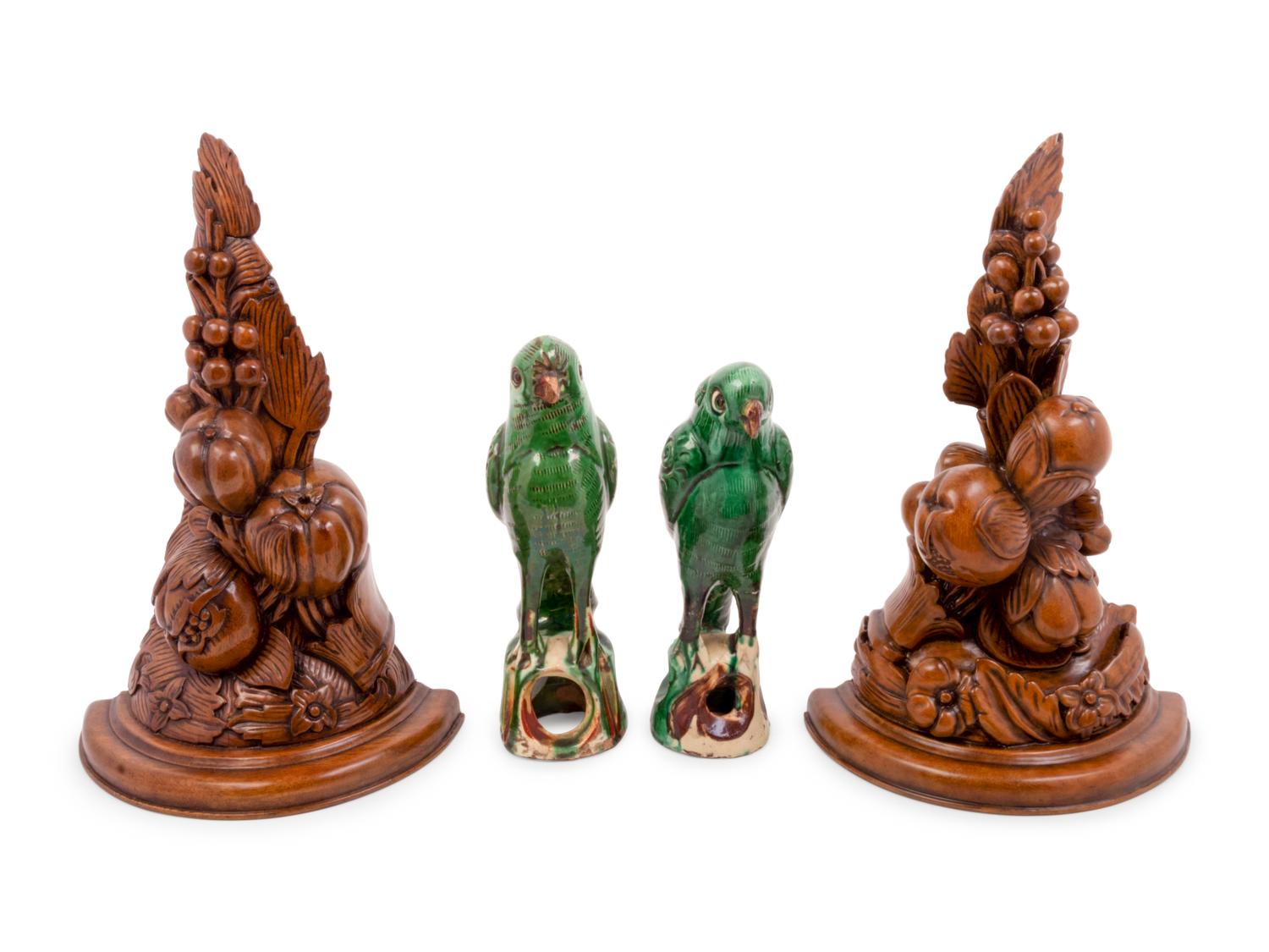 A Pair of Chinese Export Sancai Glazed Parrots and a Pair of Carved Wall Brackets