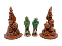 A Pair of Chinese Export Sancai Glazed Parrots and a Pair of Carved Wall Brackets