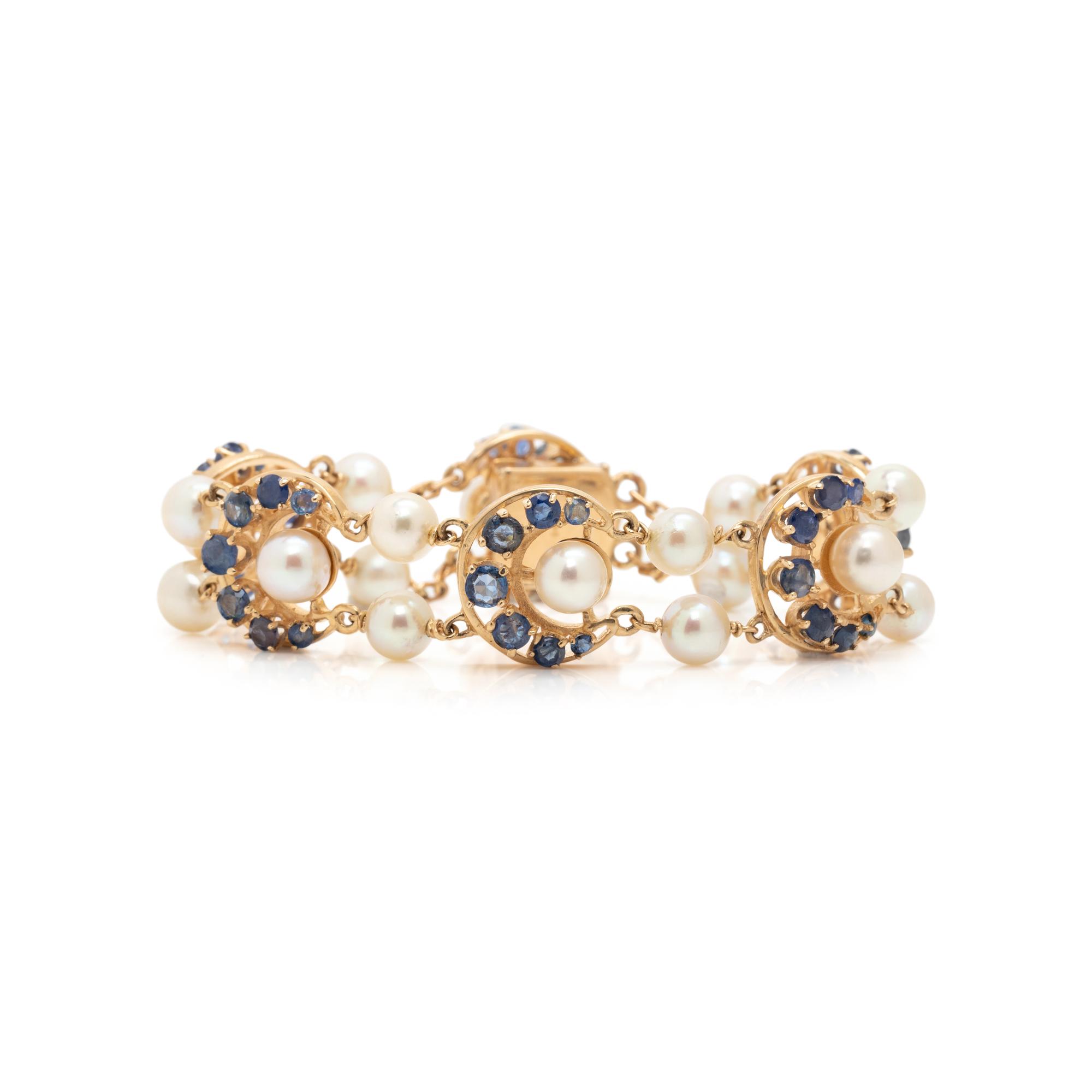 YELLOW GOLD, CULTURED PEARL AND SAPPHIRE BRACELET