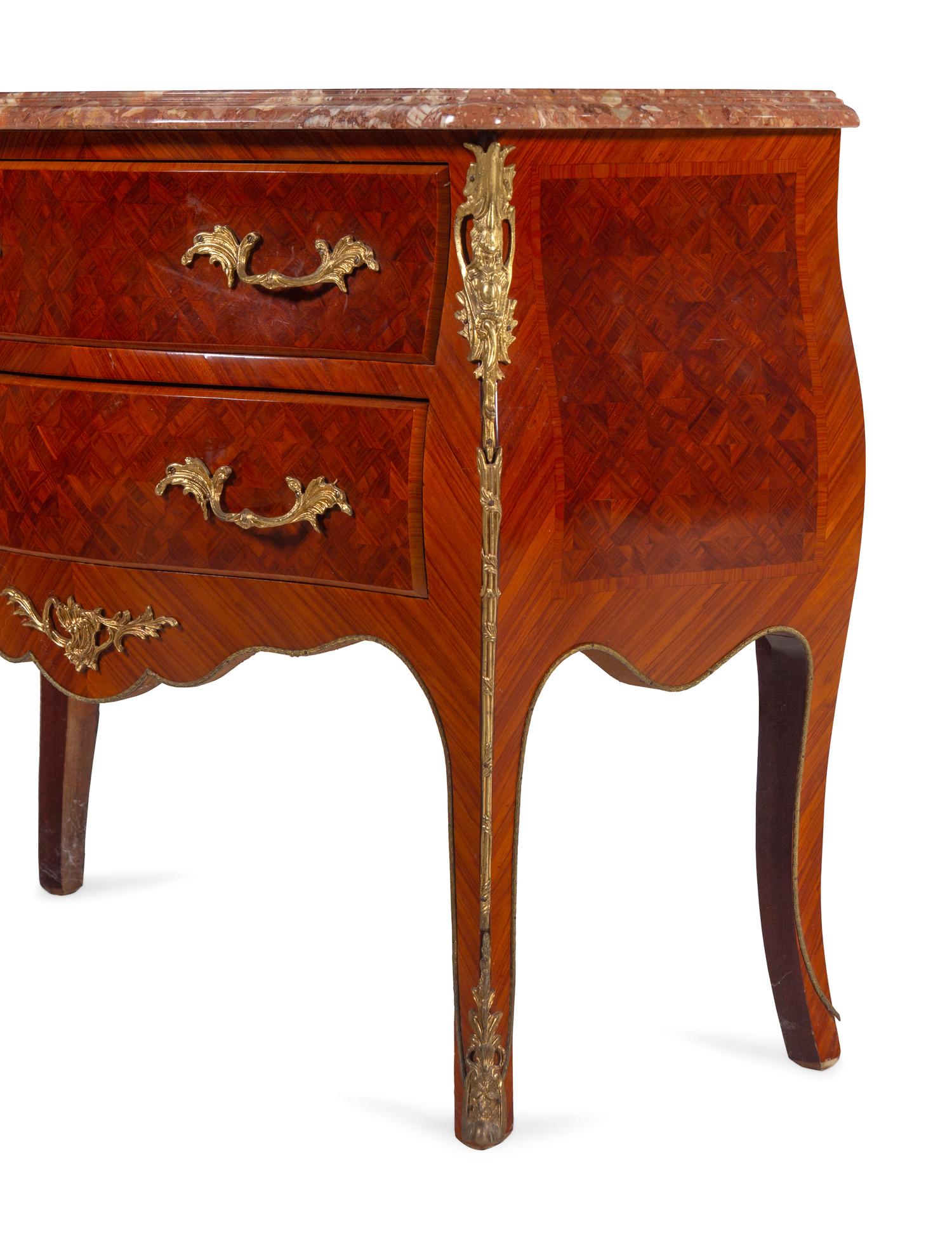 A Near Pair of Louis XV Style Gilt Metal Mounted Parquetry Marble-Top Commodes